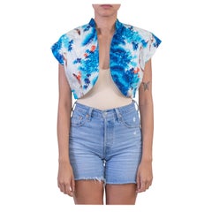 1940S Ocean Blues Rayon Japanese Fish Print Cropped Bolero Top