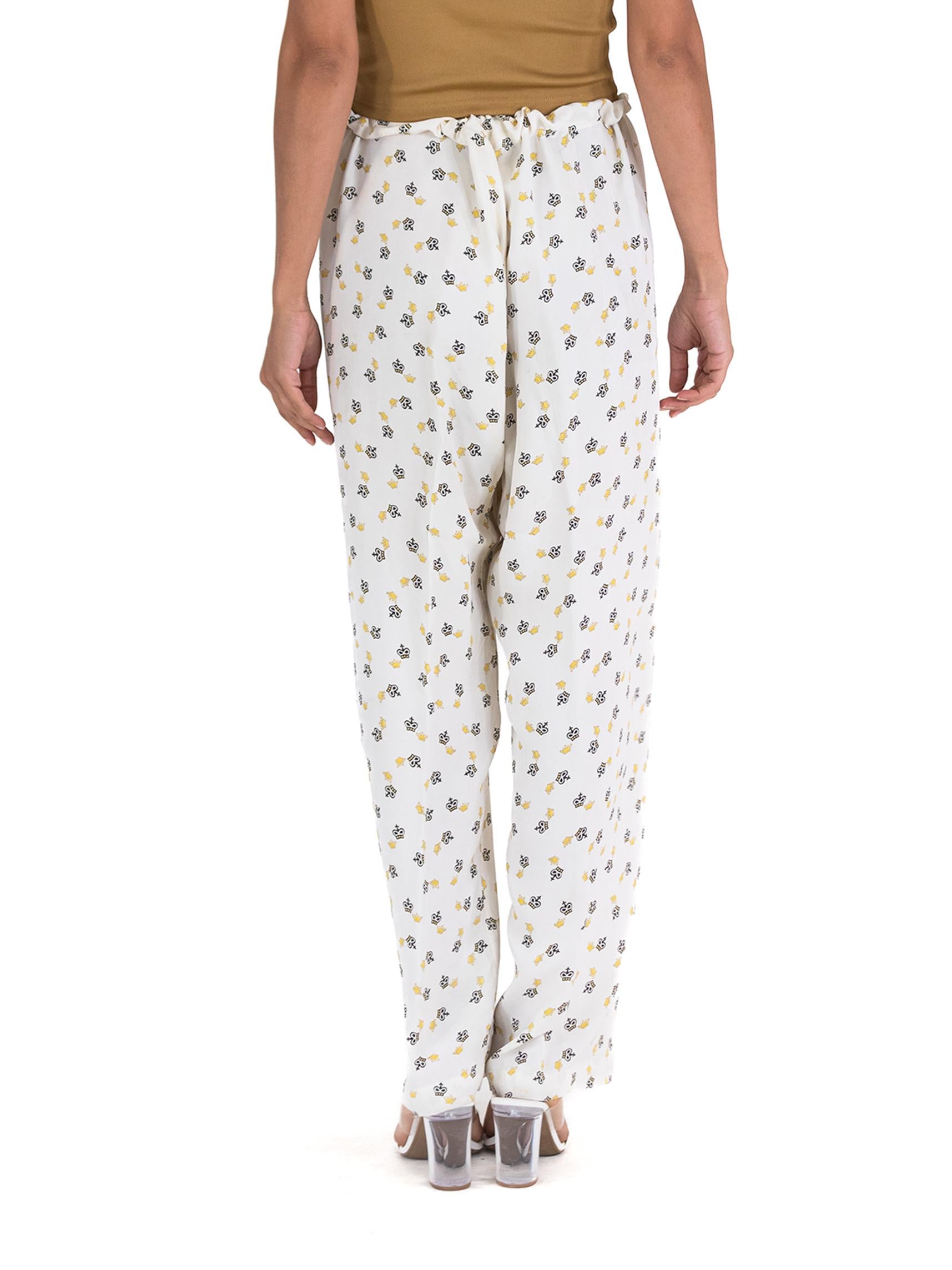 1940S Off White Cold Rayon Novelty Crown Print Pants For Sale 2