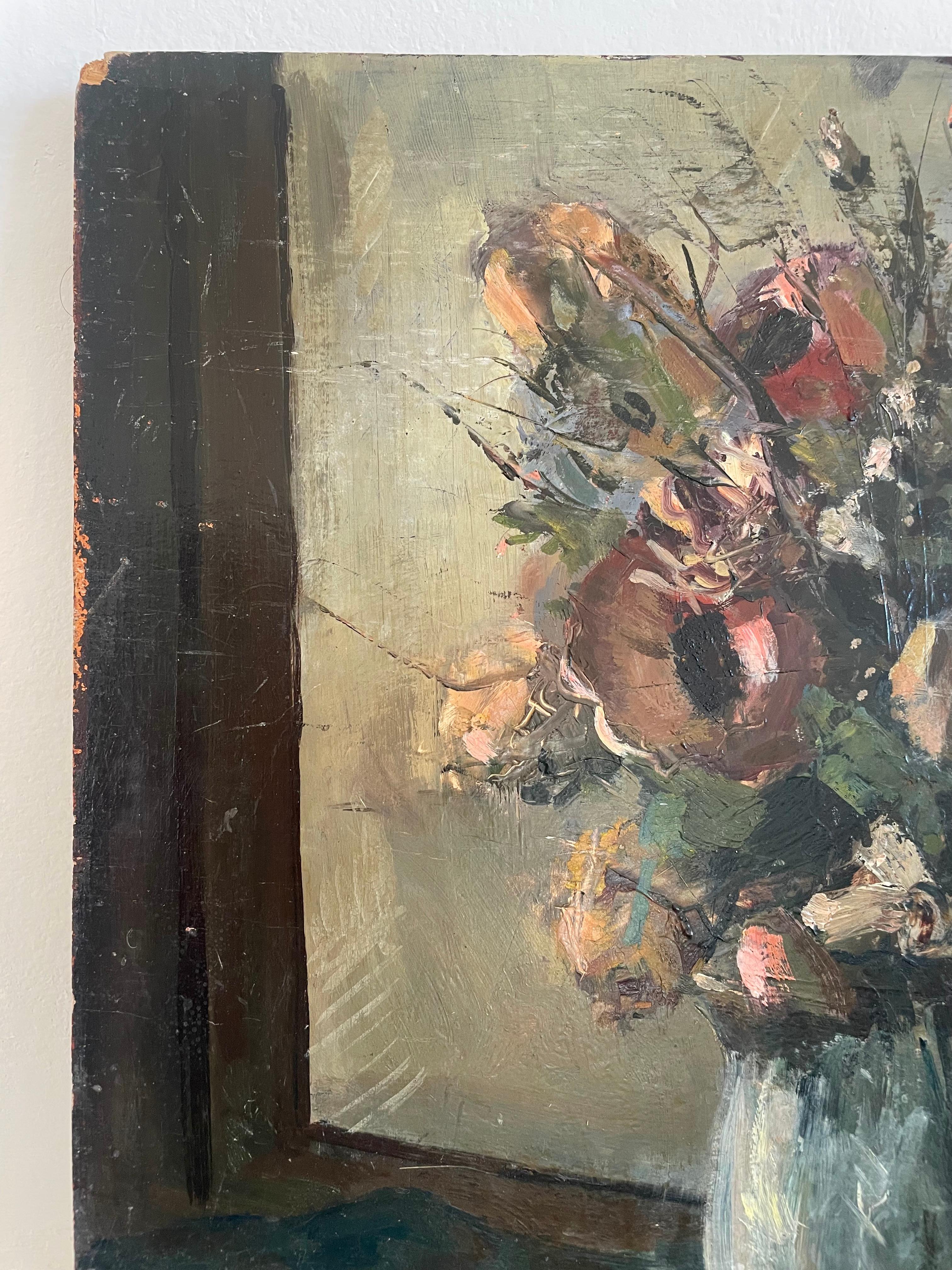 Huile impressionniste colorée des années 1940 sur panneau de bois, fleurs dans un vase, signée Camoletti.
Vendu non encadré, légèrement abîmé et ayant vécu. 