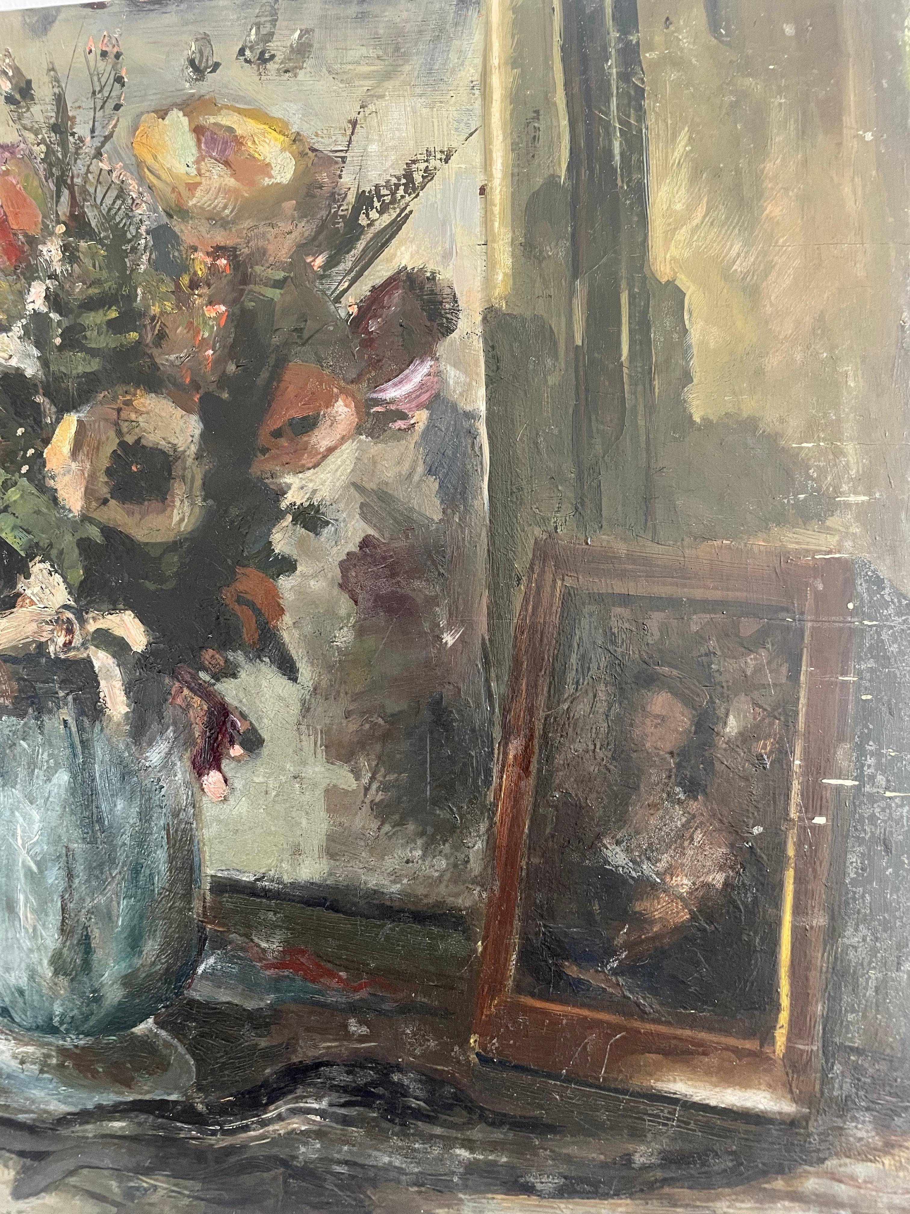 Européen Huile sur carton des années 1940, fleurs dans un vase, signée Camoletti 1940 en vente