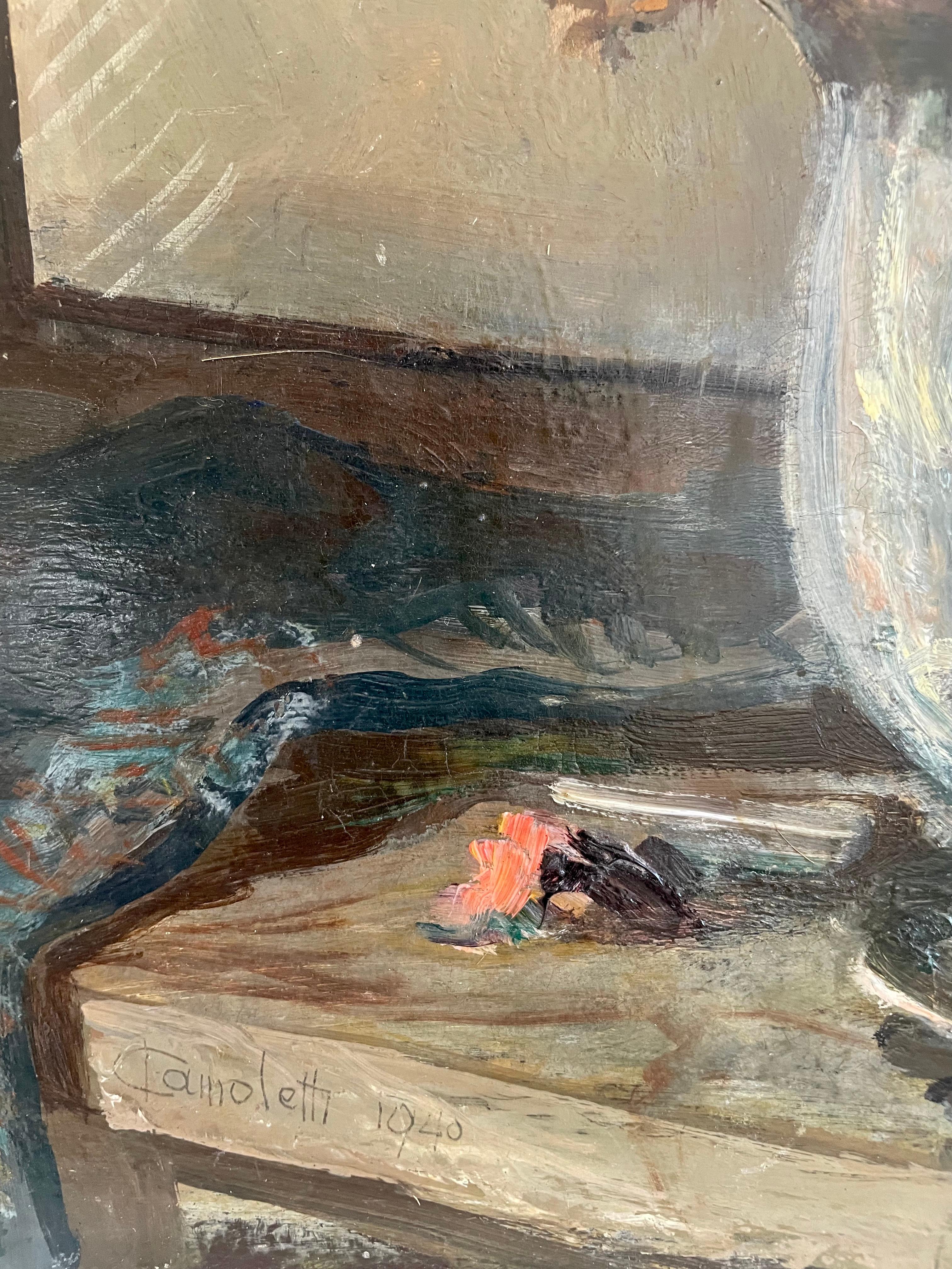 Huile sur carton des années 1940, fleurs dans un vase, signée Camoletti 1940 État moyen - En vente à London, Fitzrovia