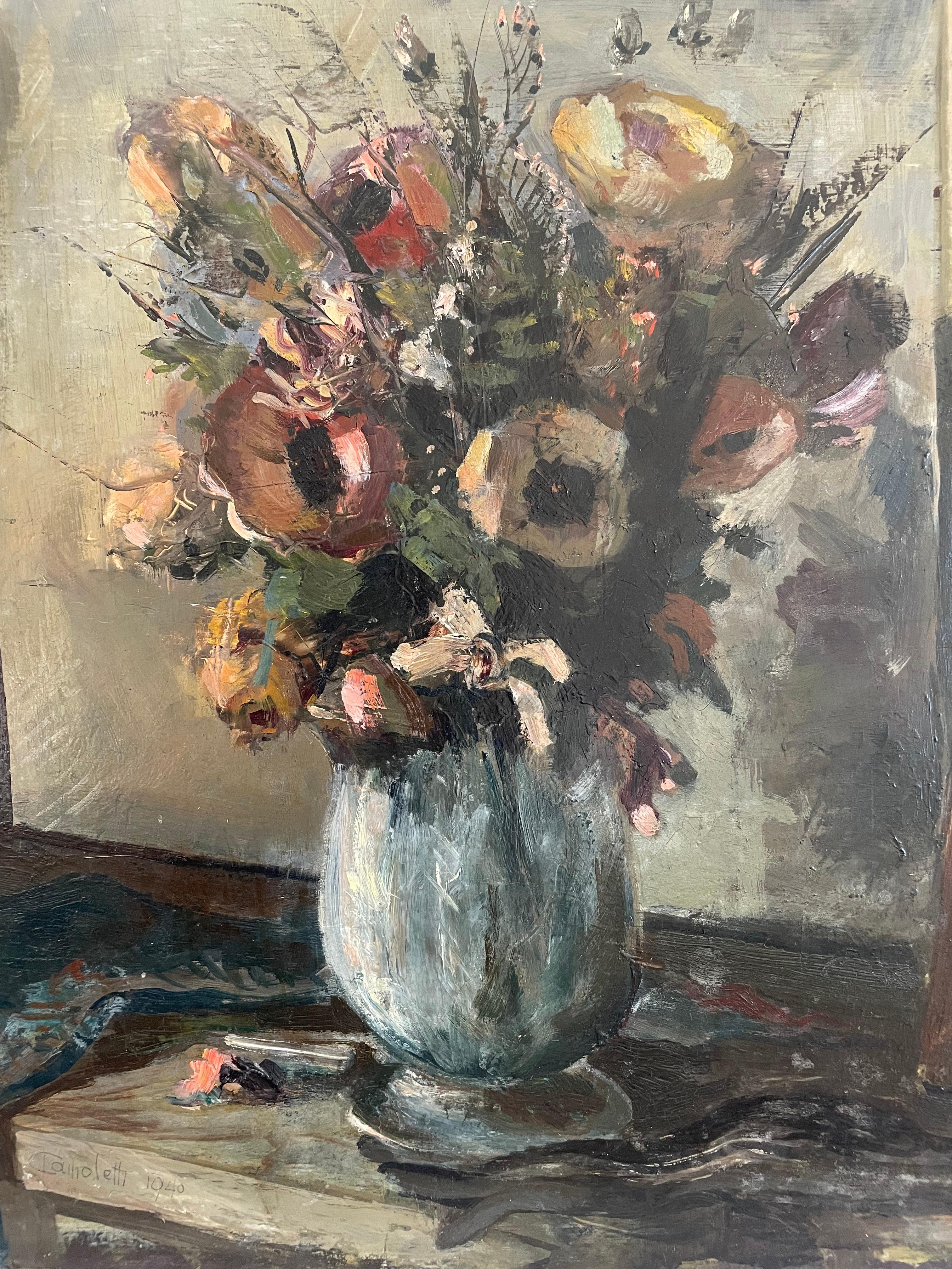 20ième siècle Huile sur carton des années 1940, fleurs dans un vase, signée Camoletti 1940 en vente