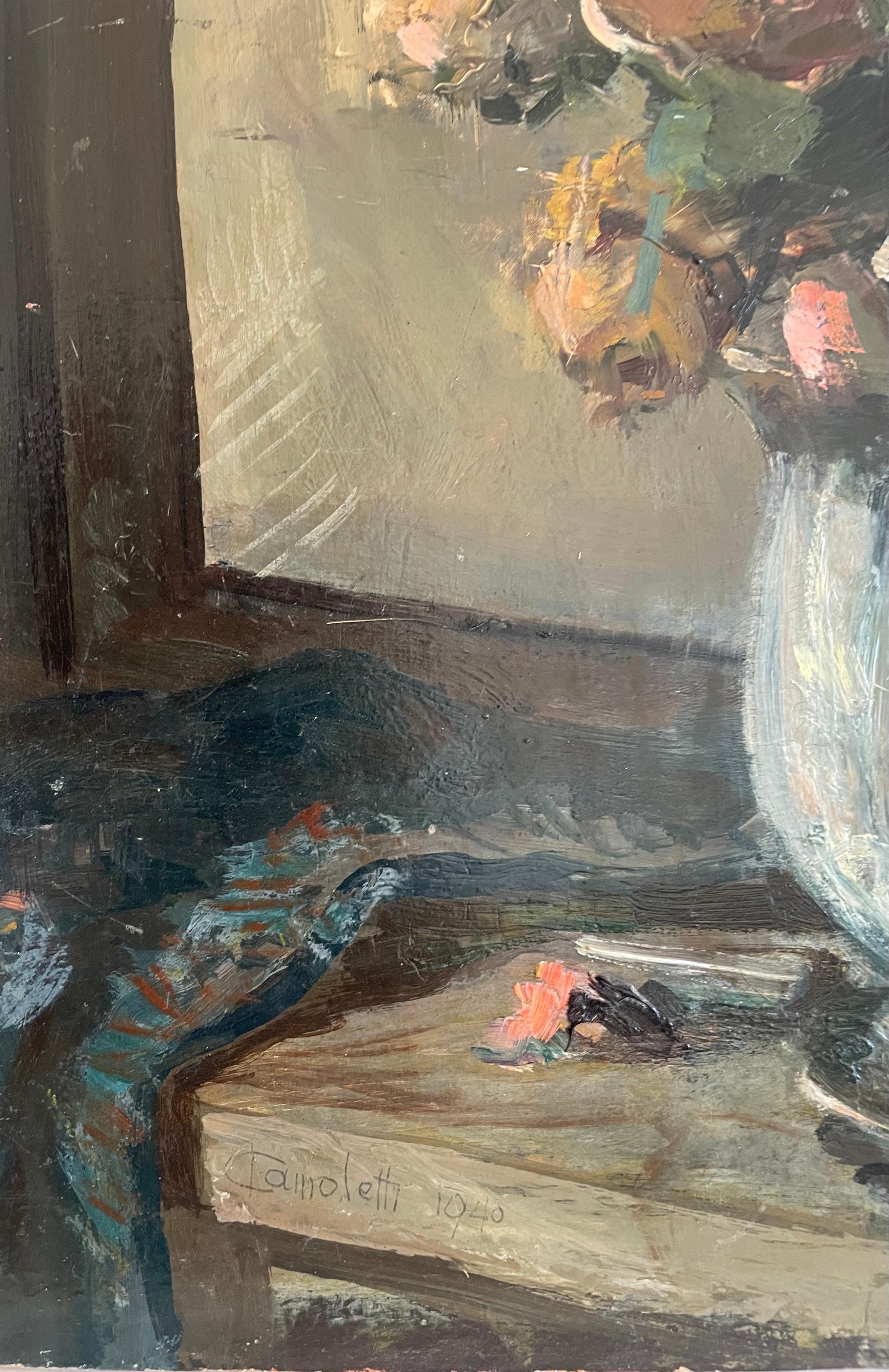 Huile sur carton des années 1940, fleurs dans un vase, signée Camoletti 1940 en vente 1