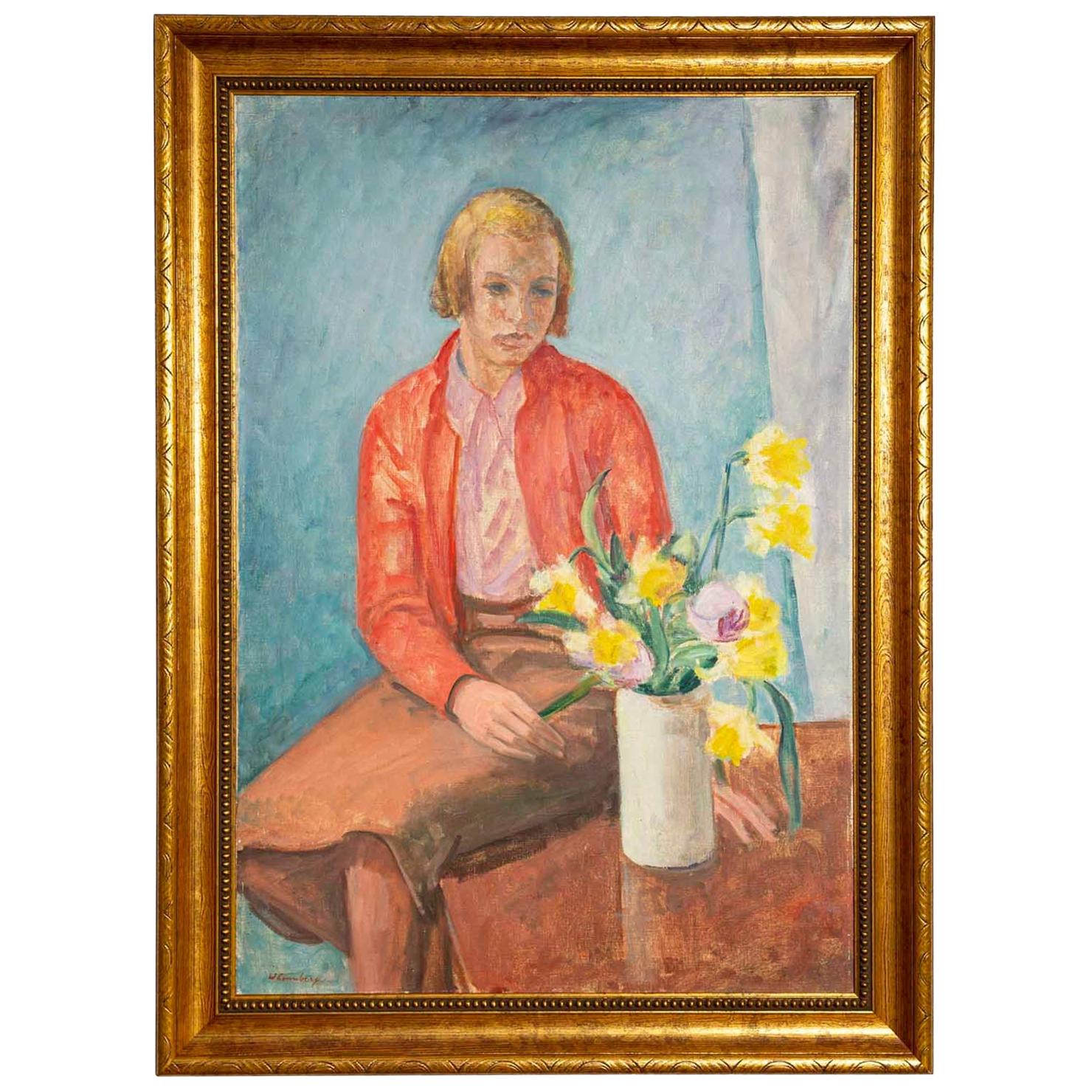 1940s Oil on Canvas Portrait "Girl with Flowers" by William Lonnberg