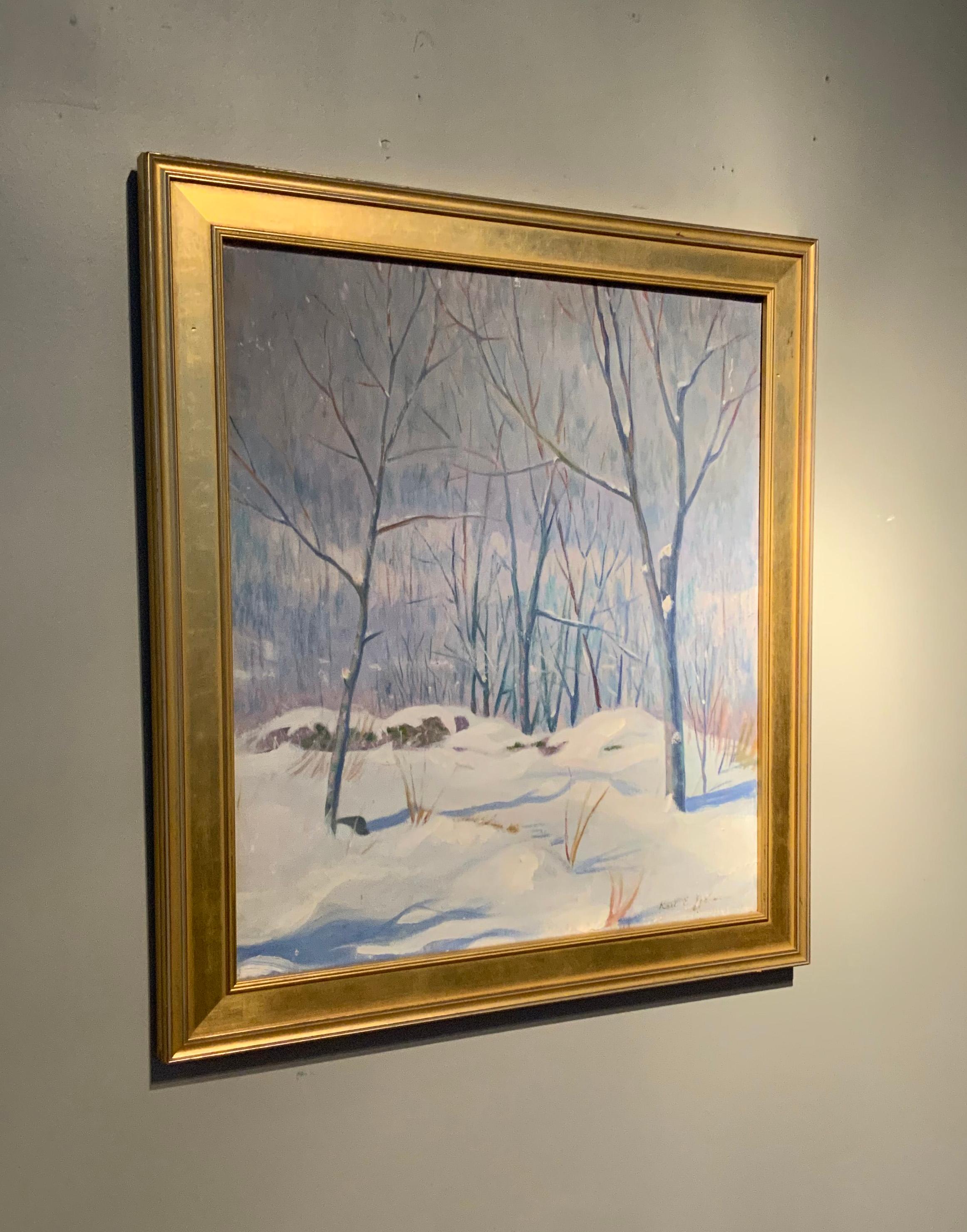 A lovely and beautiful 1940's oil on canvas painting of a winter scene. From a Newport, RI estate, this peaceful scene is nicely detailed and thoughtgul. In its original gold leaf frame. Signed Karl E. Johnson.