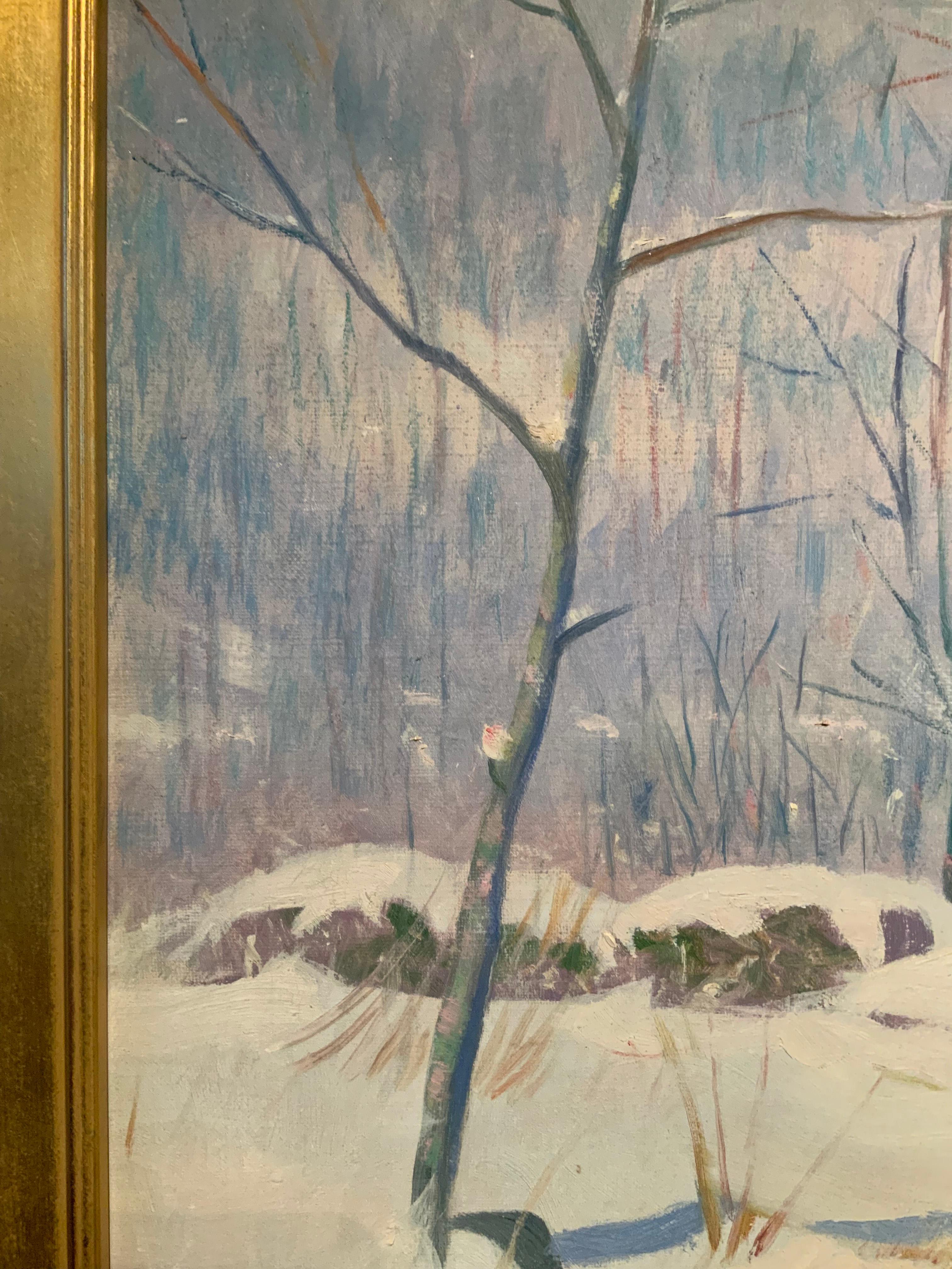 Mid-20th Century 1940's Oil on Canvas Winter Scene Painting For Sale