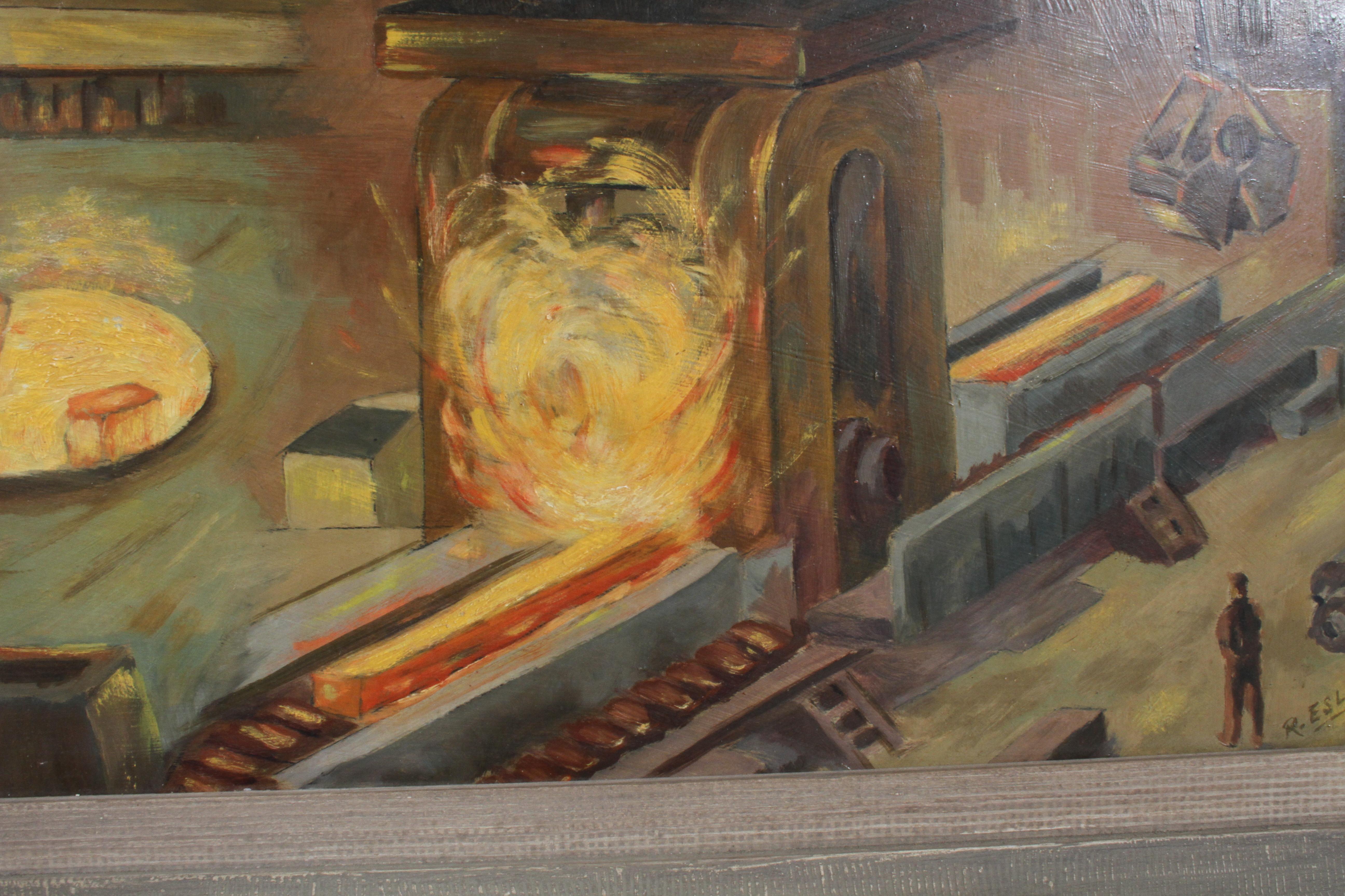 1940s Oil painting of Industrial Interior Scene of Steel Company Blast Furnace 2