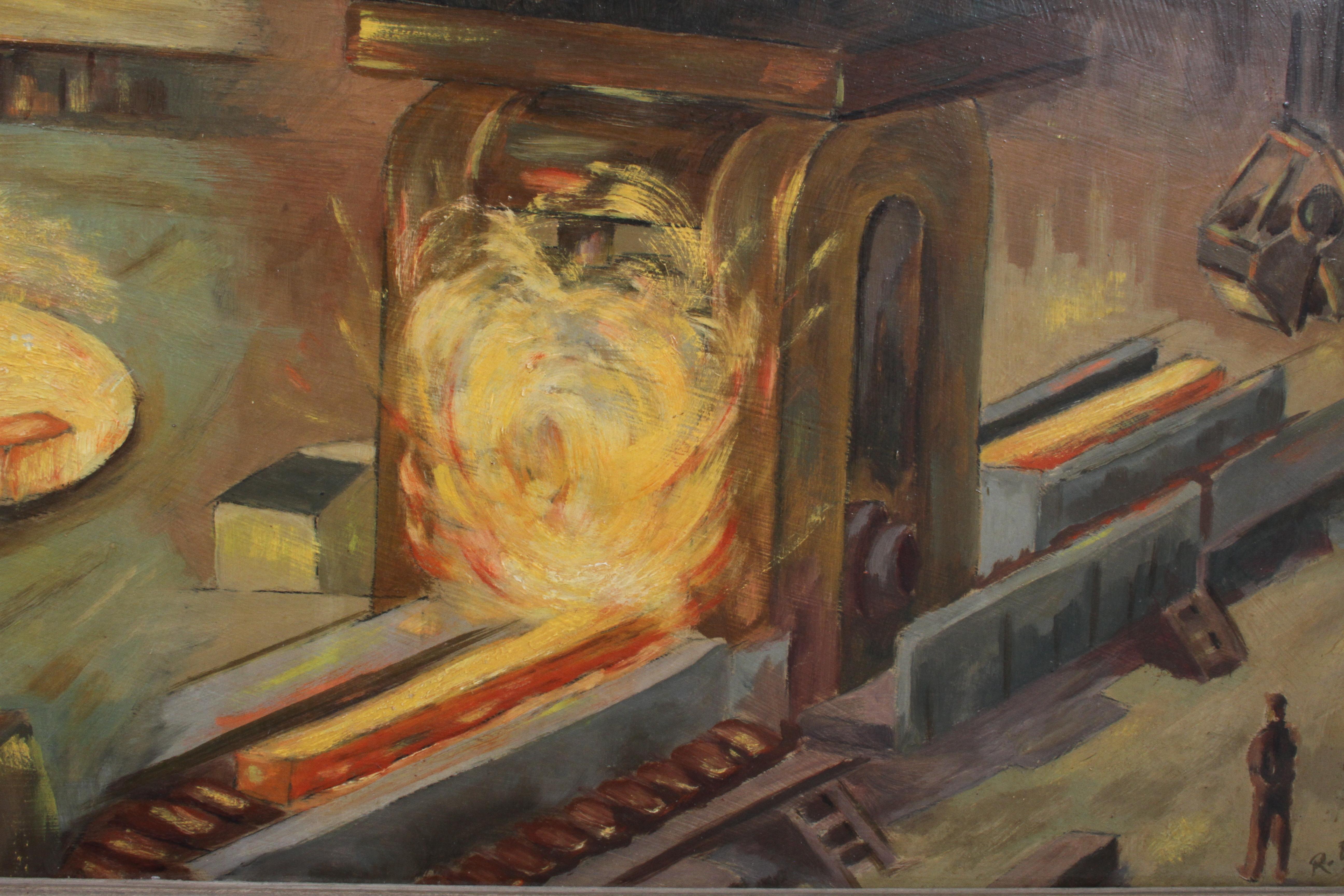 1940s Oil painting of Industrial Interior Scene of Steel Company Blast Furnace 3