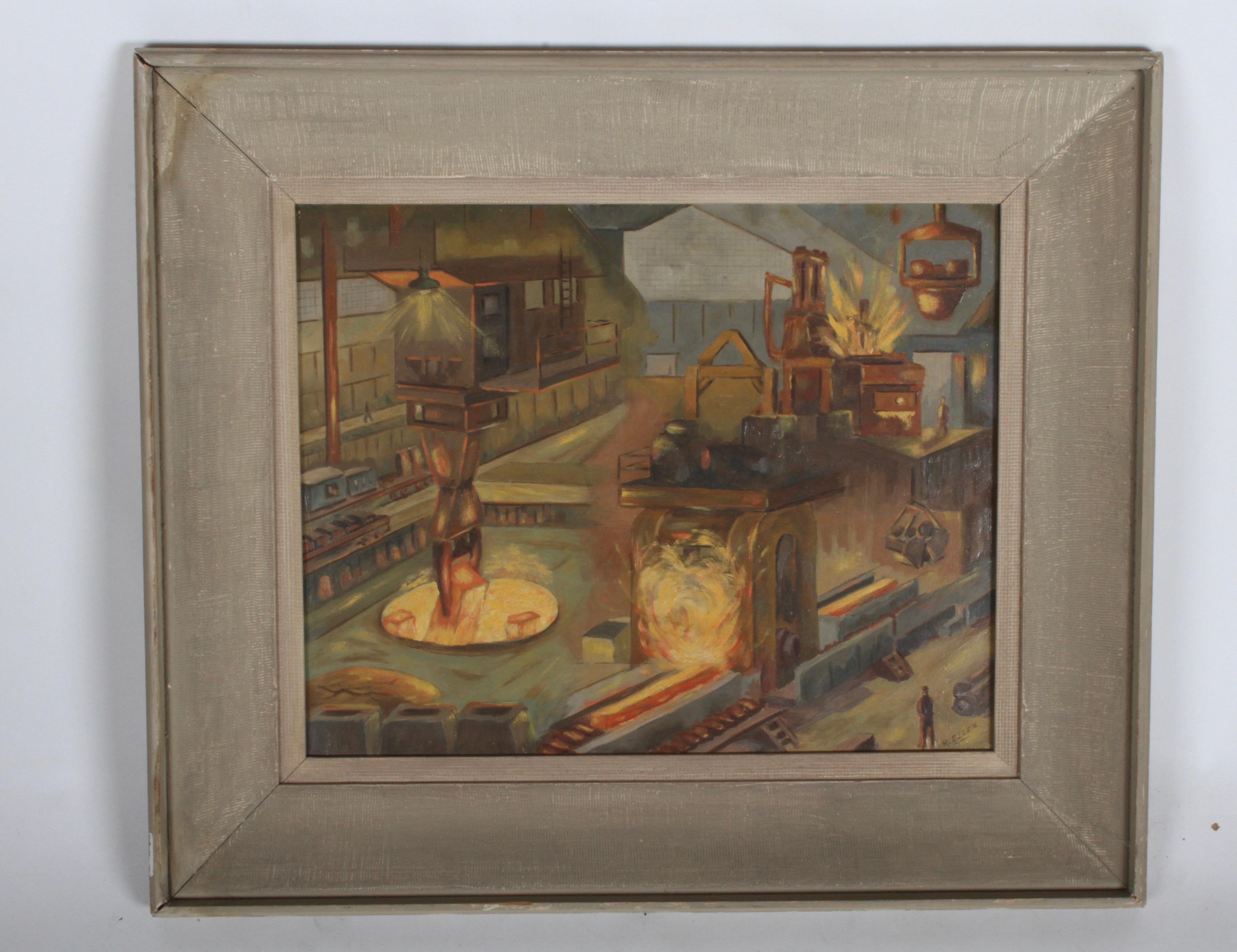 Signed 1940s WPA style Industrial oil painting of Allegheny Ludlum Corporation of Pennsylvania steel refinery blast furnace, architectural rendering depicting the interior layout with workers, cranes, molten steel, fire, conveyor belts, flat train