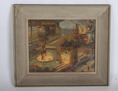1940s Oil painting of Industrial Interior Scene of Steel Company Blast Furnace