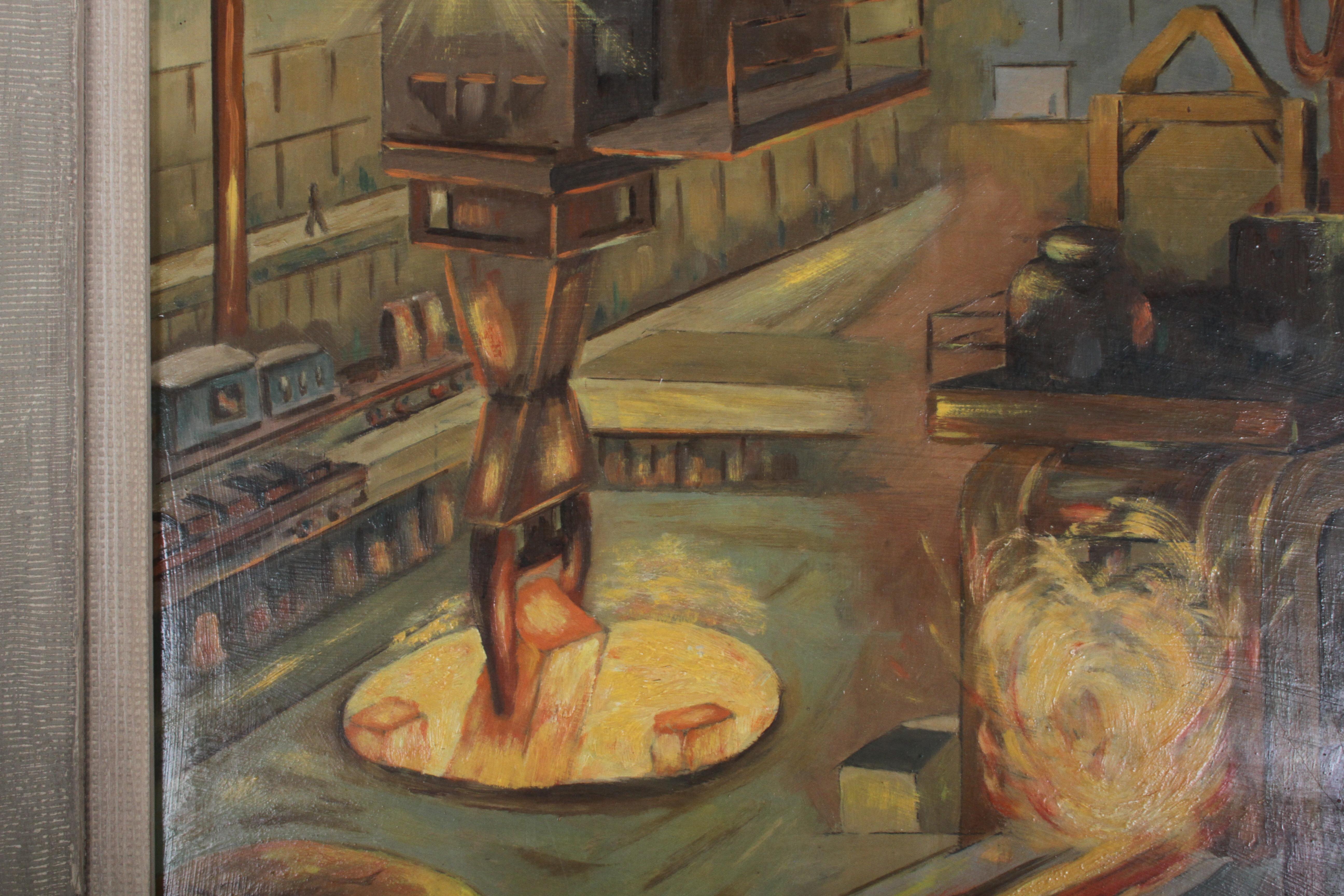 American 1940s Oil painting of Industrial Interior Scene of Steel Company Blast Furnace