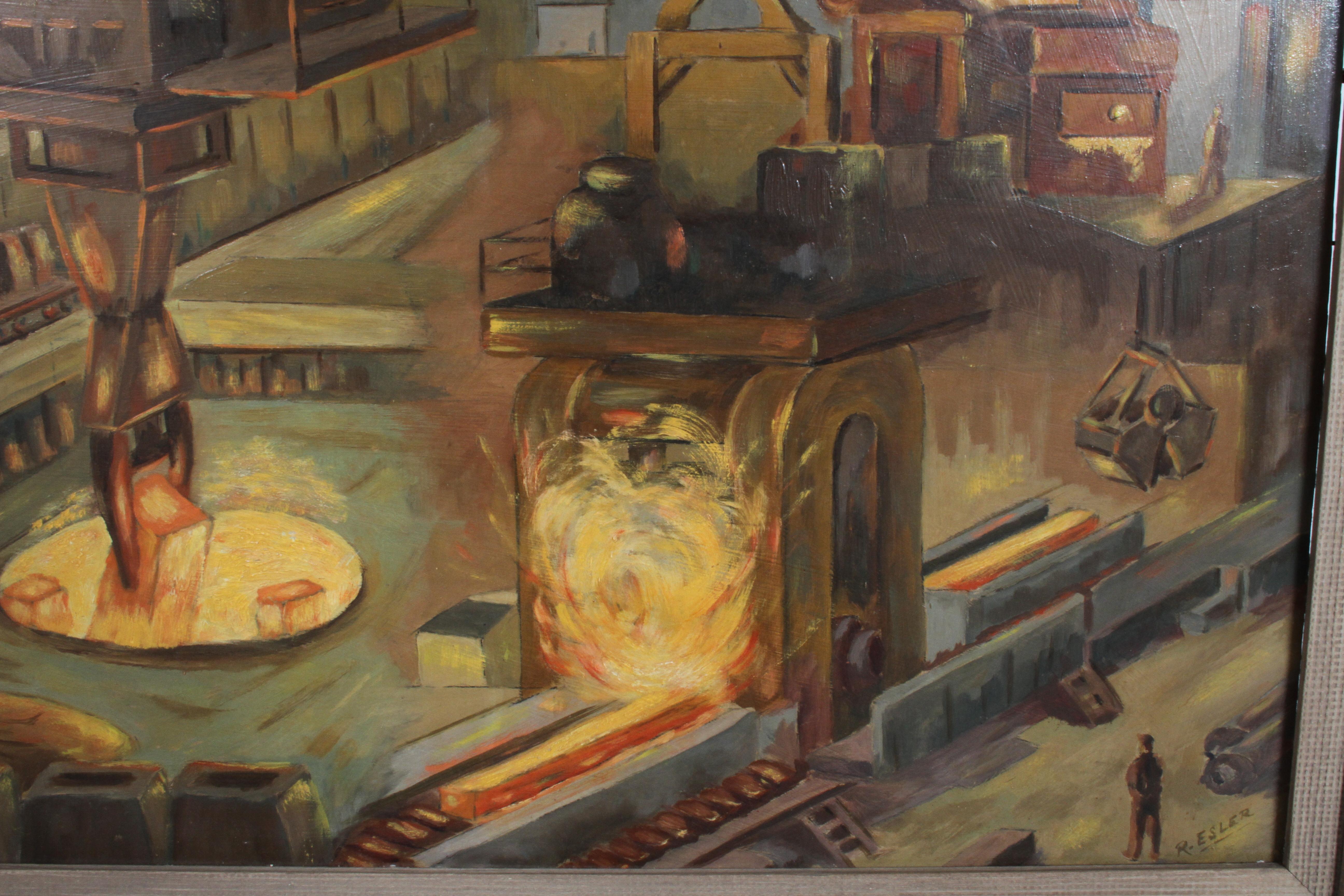 1940s Oil painting of Industrial Interior Scene of Steel Company Blast Furnace In Good Condition In St. Louis, MO