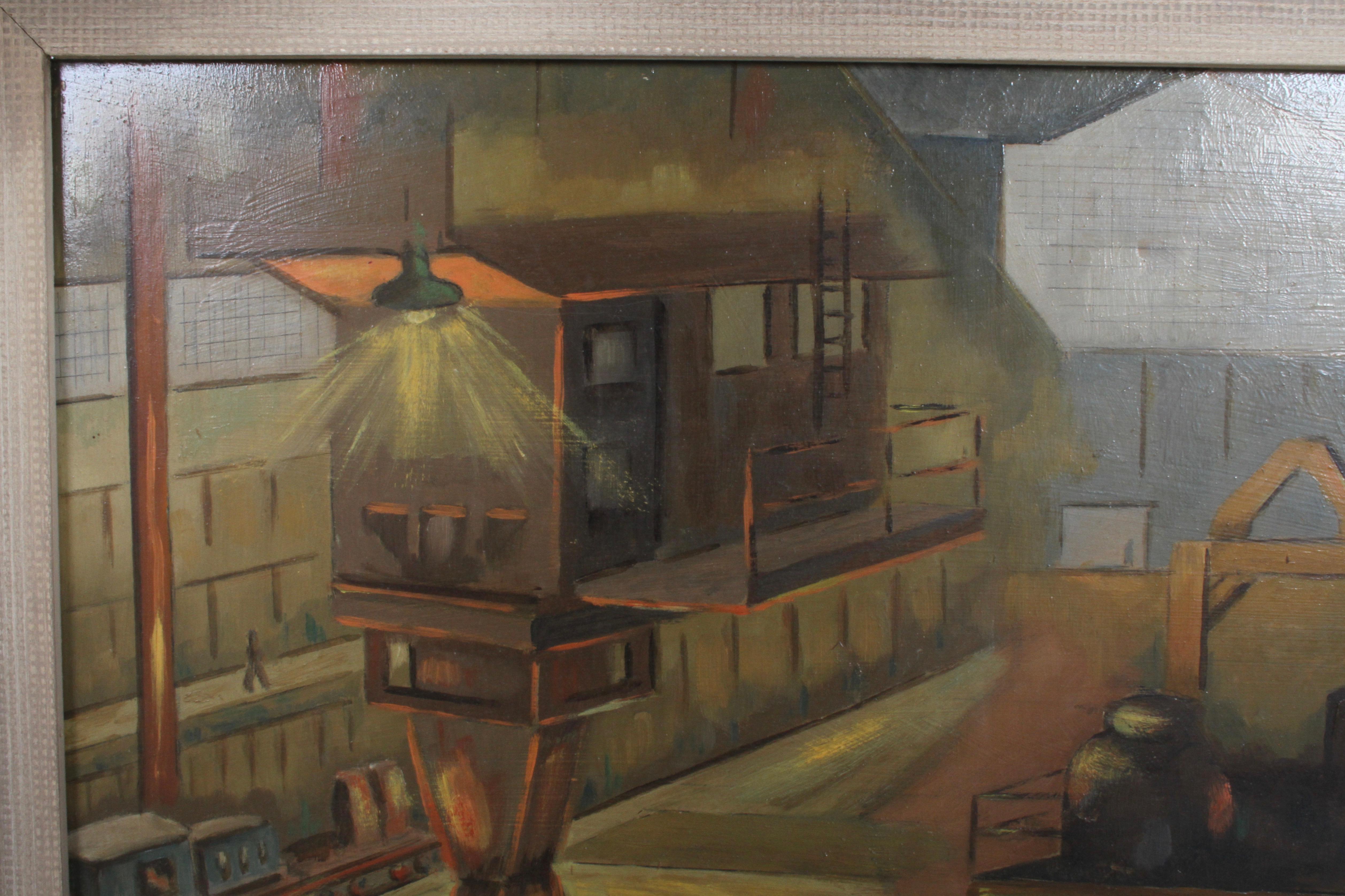 Mid-20th Century 1940s Oil painting of Industrial Interior Scene of Steel Company Blast Furnace