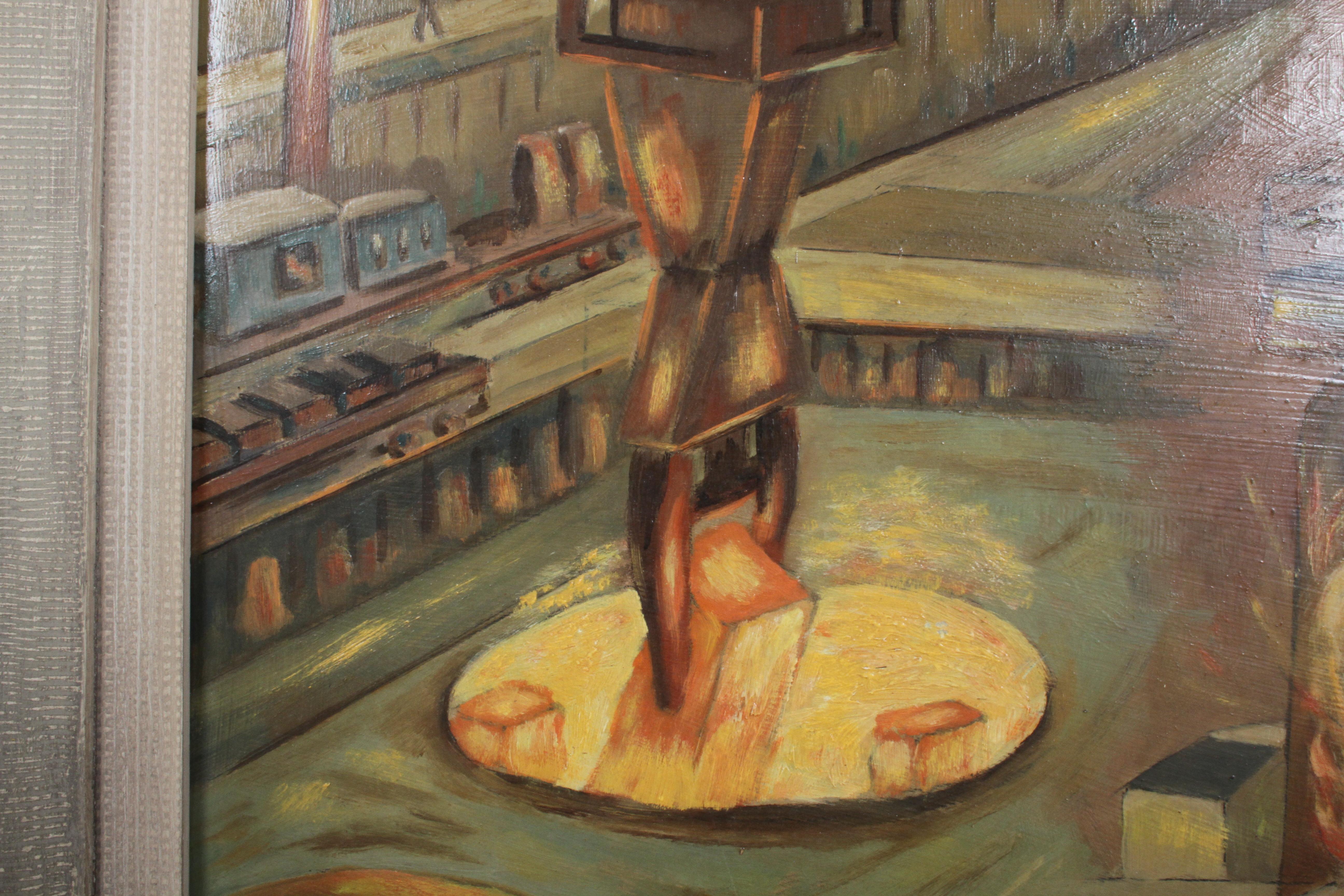 Masonite 1940s Oil painting of Industrial Interior Scene of Steel Company Blast Furnace