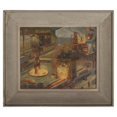 Peinture à l'huile - Scène d'intérieur industriel d'un haut fourneau d'une aciérie, années 1940