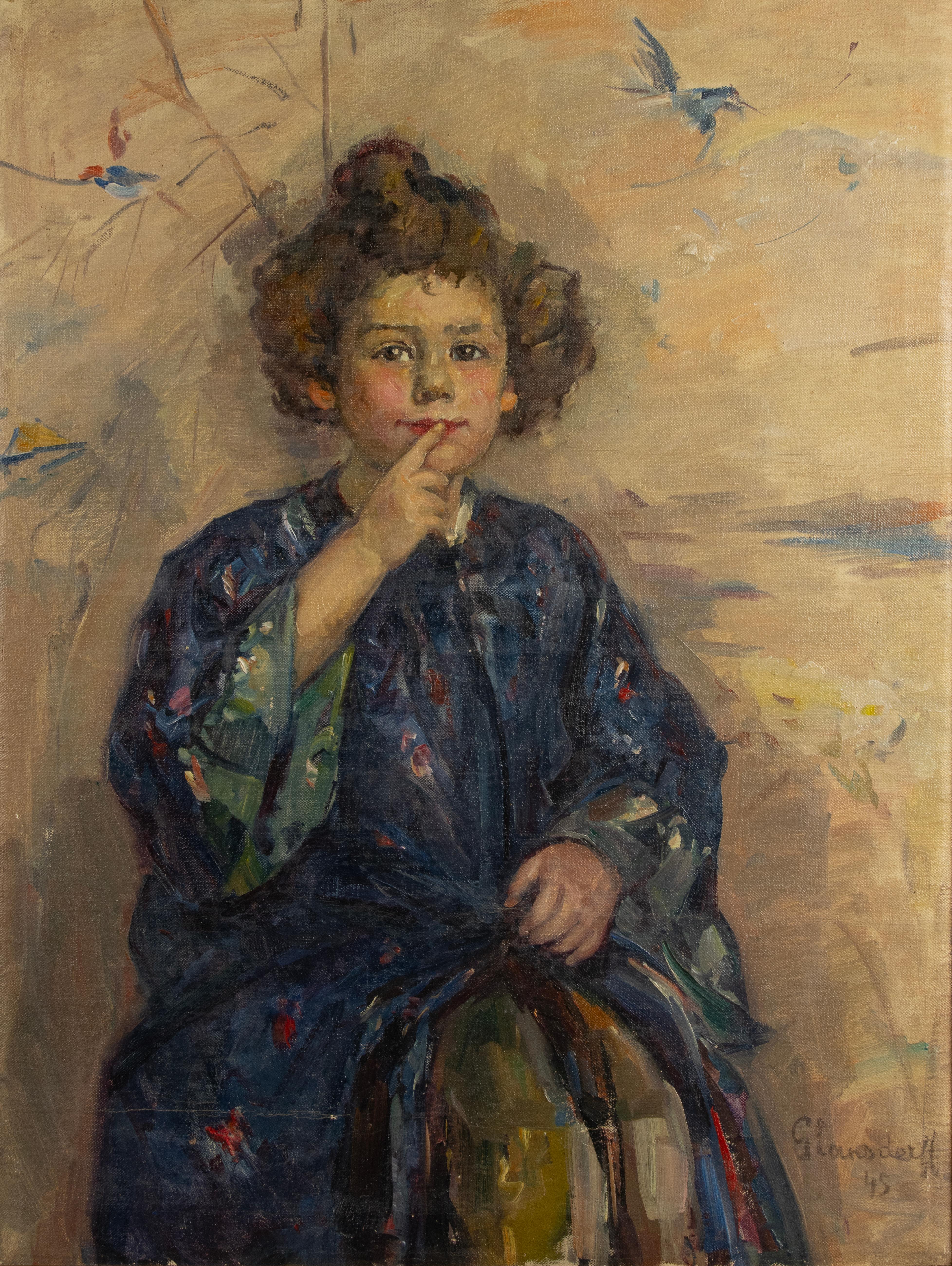 A beautiful oil painting by the Belgian artist Hubert Glansdorff.
It is a portrait of a young child. The child wears a kimono and looks at the viewer with a playful look. Beautiful twinkle in the child's eyes. It looks like the child has dressed up,