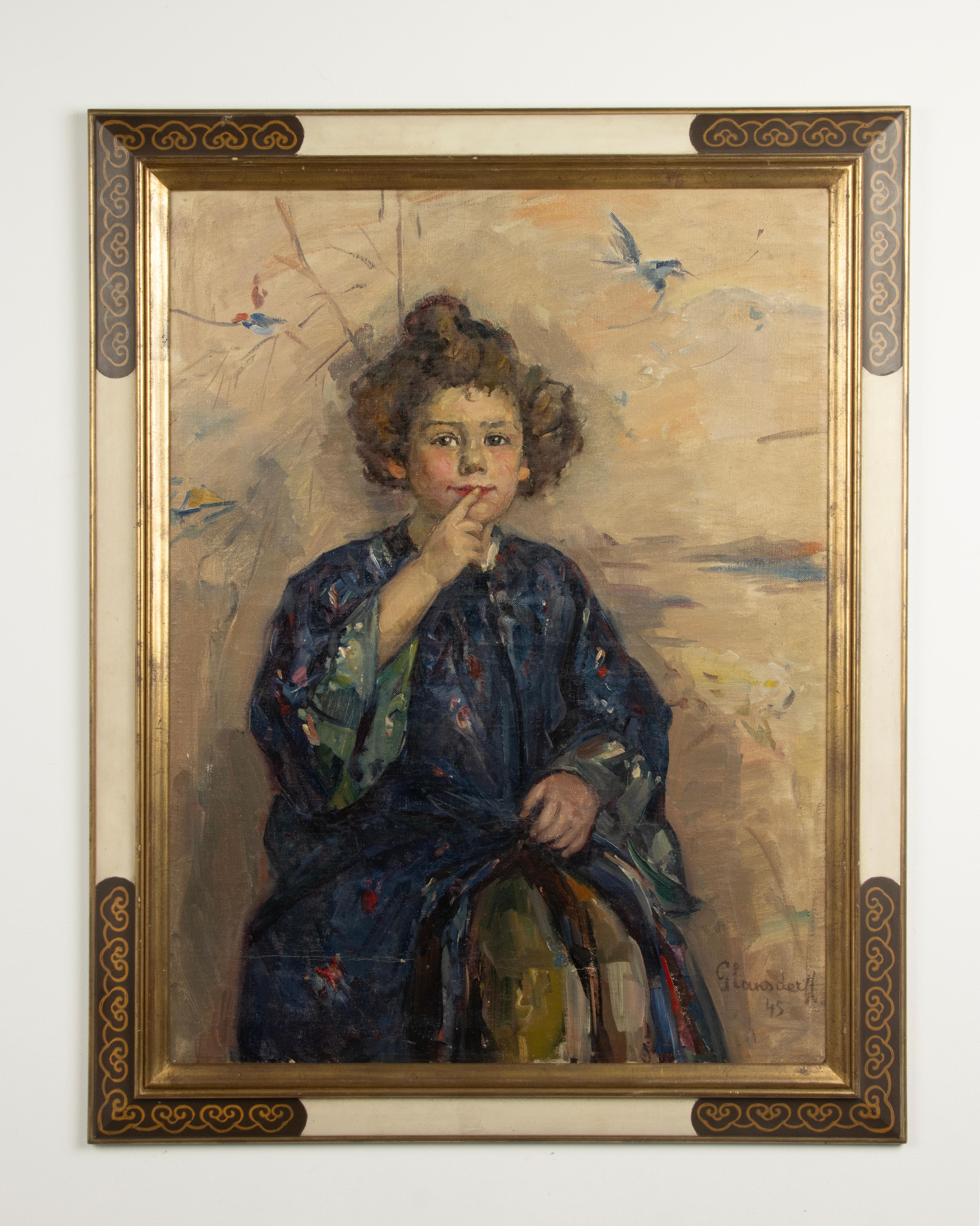 Art Deco 1940's Oil Painting - Portrait of a Child - Hubert Glansdorff - Belgium For Sale