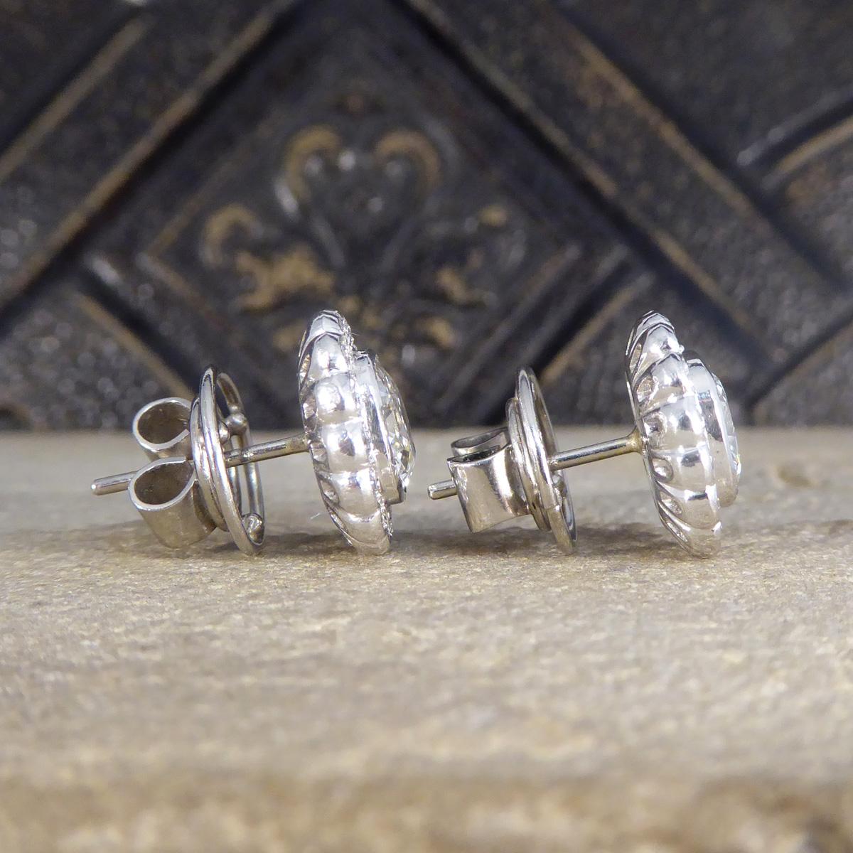 Art Deco 1940's Old Cushion Cut Daisy Cluster Stud Earrings in Platinum For Sale
