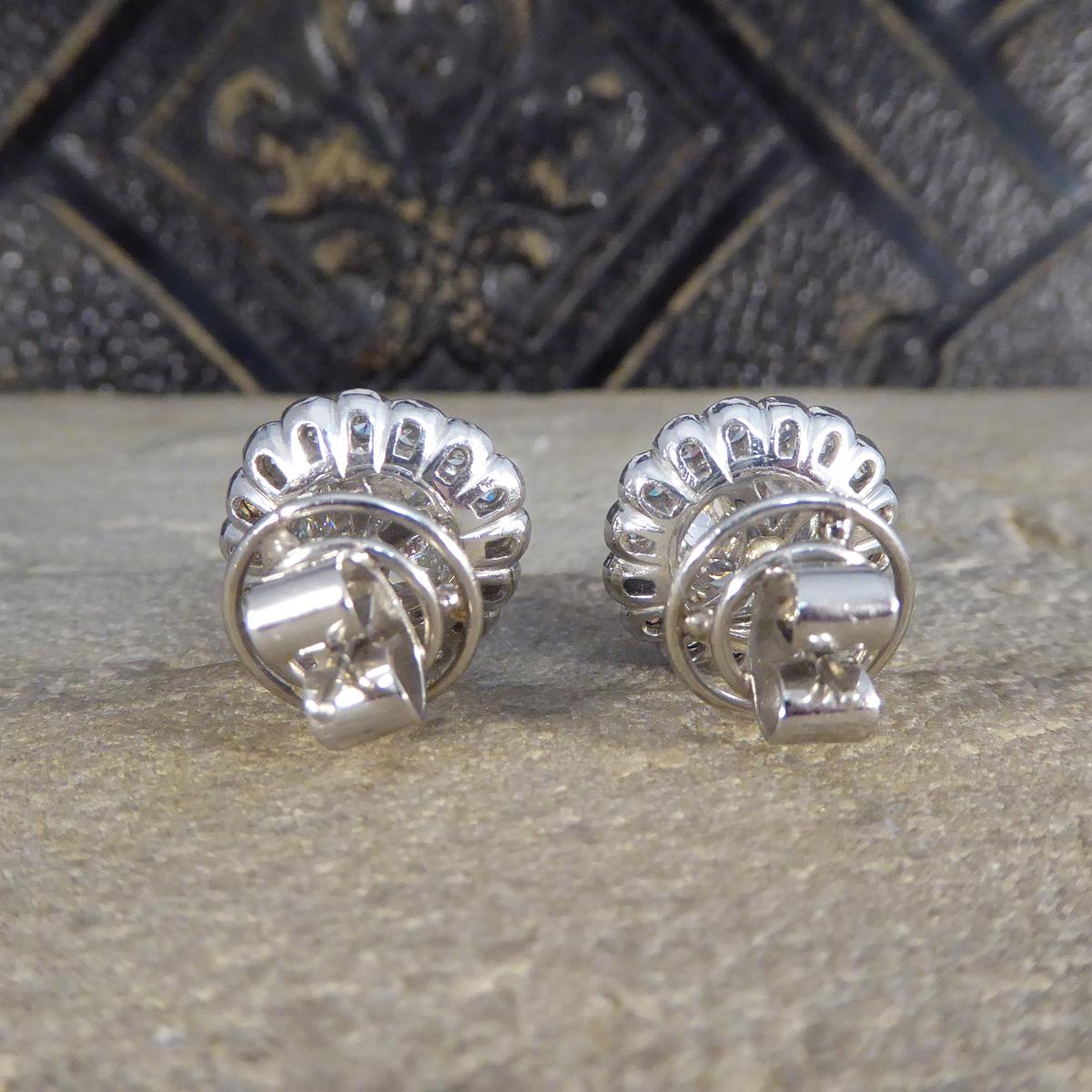 1940's Old Cushion Cut Daisy Cluster Stud Earrings in Platinum In Excellent Condition For Sale In Yorkshire, West Yorkshire