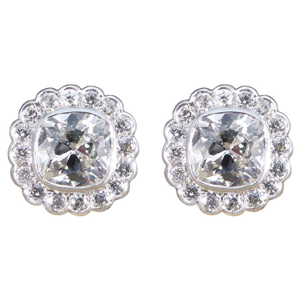 1940's Old Cushion Cut Daisy Cluster Stud Earrings in Platinum For Sale