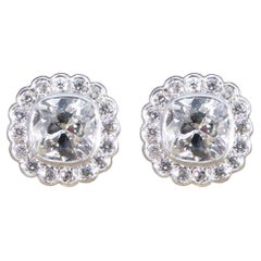 1940's Old Cushion Cut Daisy Cluster Stud Earrings in Platinum