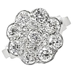 1940's Old European Cut Diamond Floral Cluster Ring 14 Karat White Gold