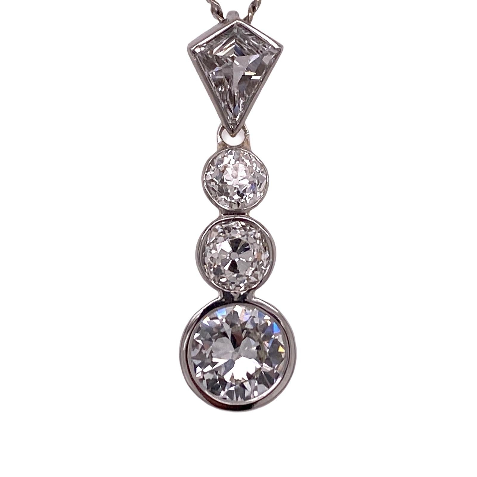 1940s Old European Cut Diamond Platinum Drop Pendant Estate Necklace In Excellent Condition In Boca Raton, FL