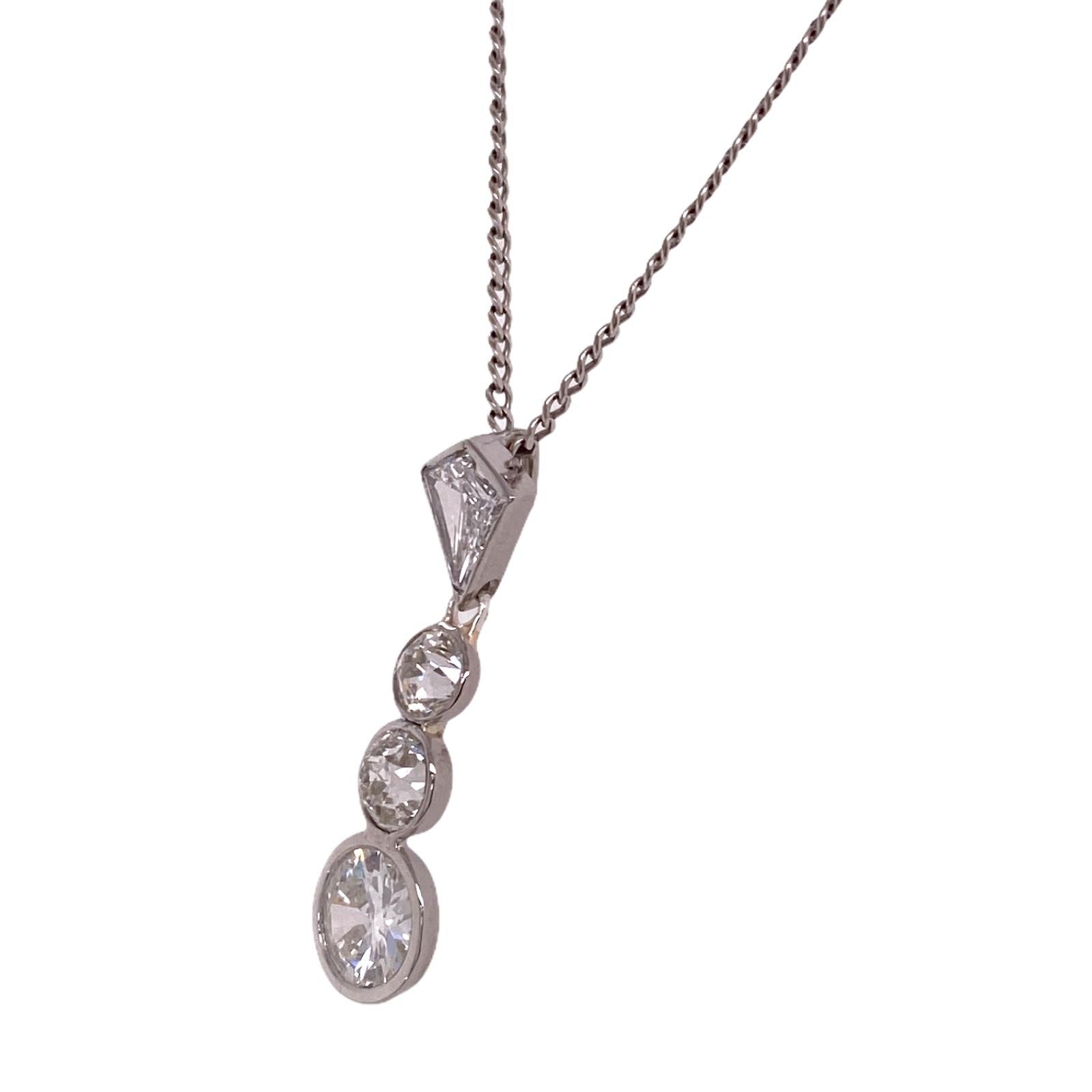 Women's 1940s Old European Cut Diamond Platinum Drop Pendant Estate Necklace