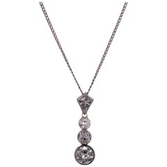 1940s Old European Cut Diamond Platinum Drop Pendant Estate Necklace