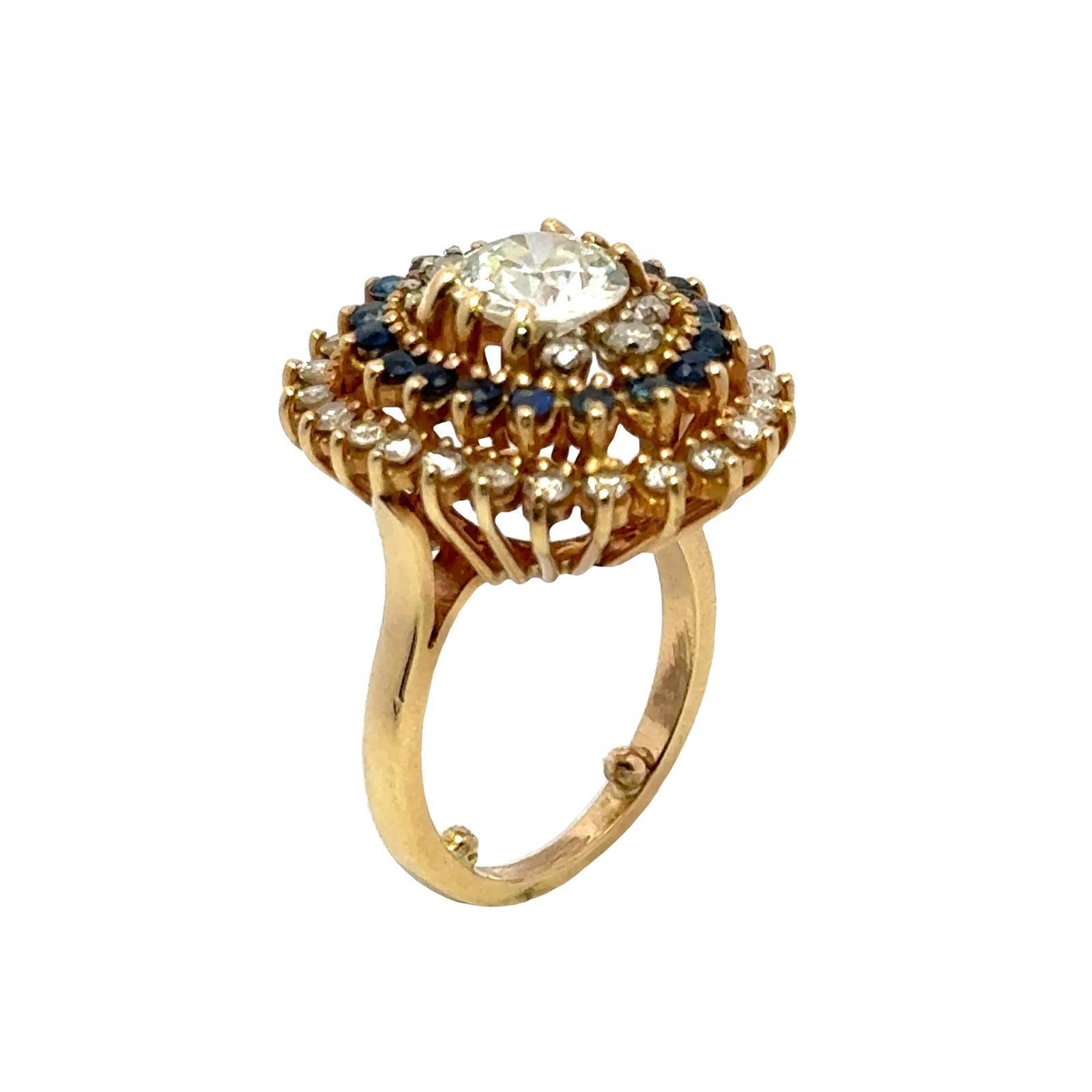Women's 1940's Old European Cut Diamond Sapphire 14 Karat Yellow Gold Cocktail Ring For Sale