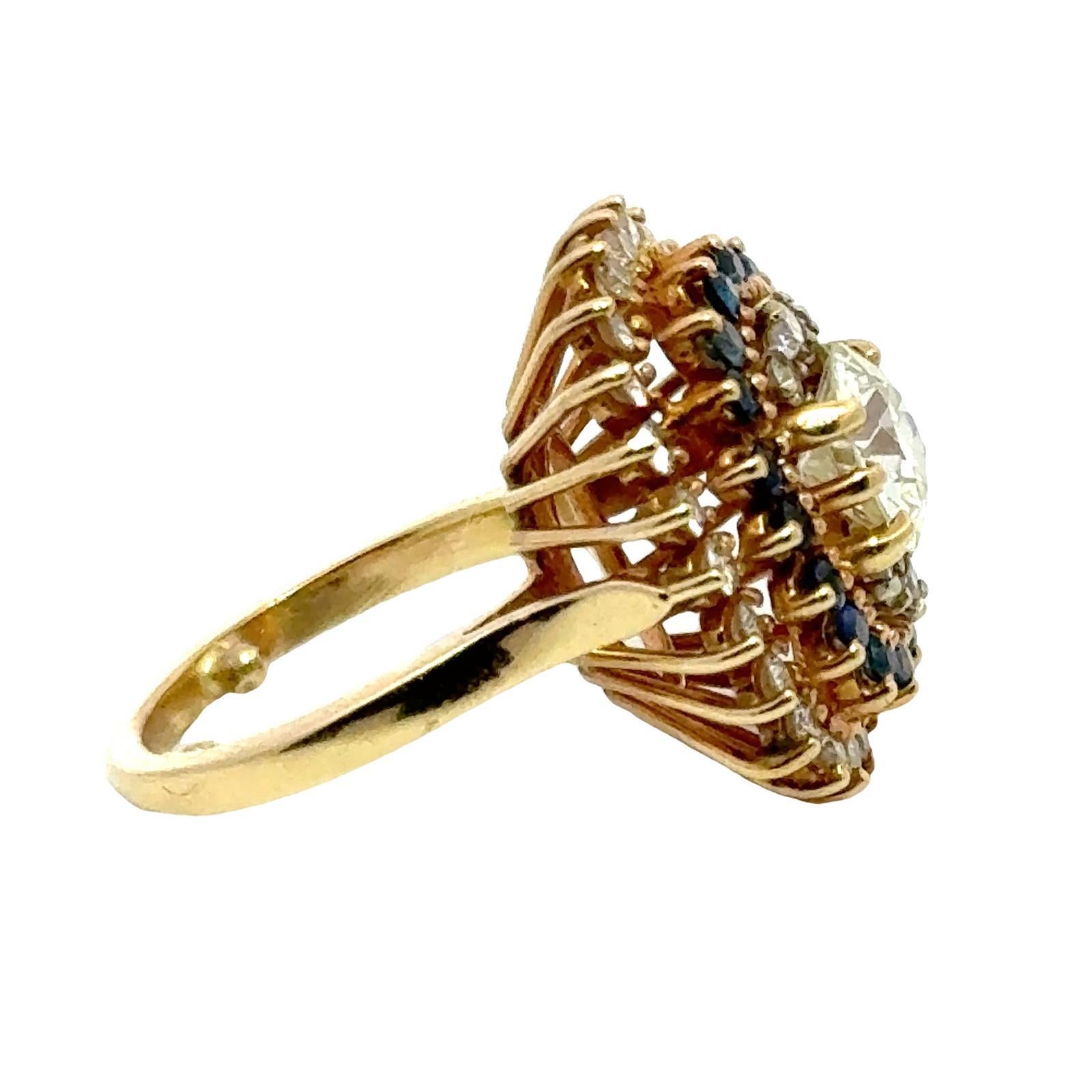 1940's Old European Cut Diamond Sapphire 14 Karat Yellow Gold Cocktail Ring For Sale 1