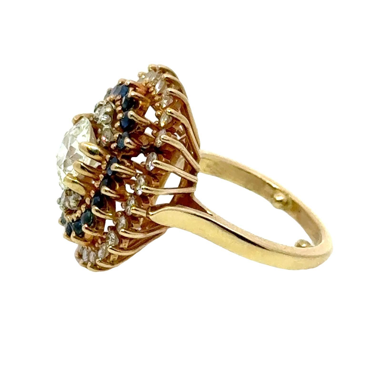 1940's Old European Cut Diamond Sapphire 14 Karat Yellow Gold Cocktail Ring For Sale 2