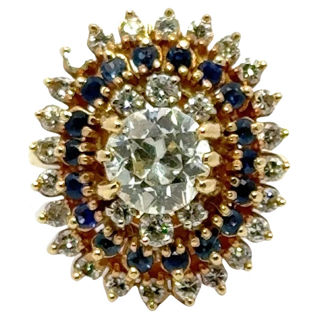 1940's Old European Cut Diamond Sapphire 14 Karat Yellow Gold Cocktail Ring