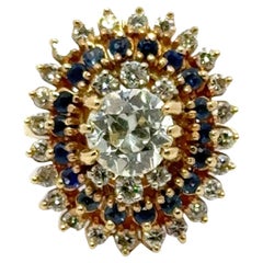 1940's Old European Cut Diamond Sapphire 14 Karat Yellow Gold Cocktail Ring