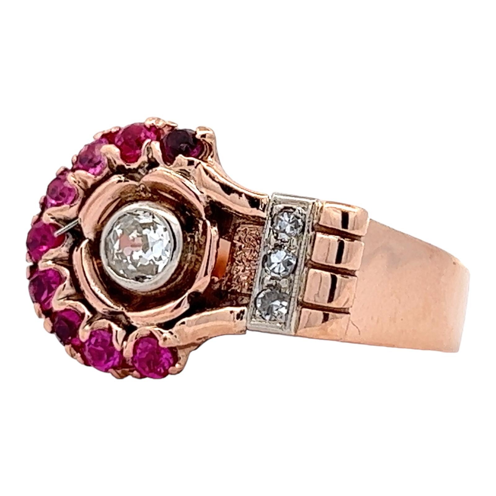 1940's Old European Diamond Ruby 14 Karar Rose Gold Retro Vintage Cocktail Ring  In Excellent Condition In Boca Raton, FL