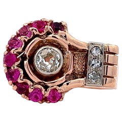 1940's Old European Diamond Ruby 14 Karar Rose Gold Retro Vintage Cocktail Ring 