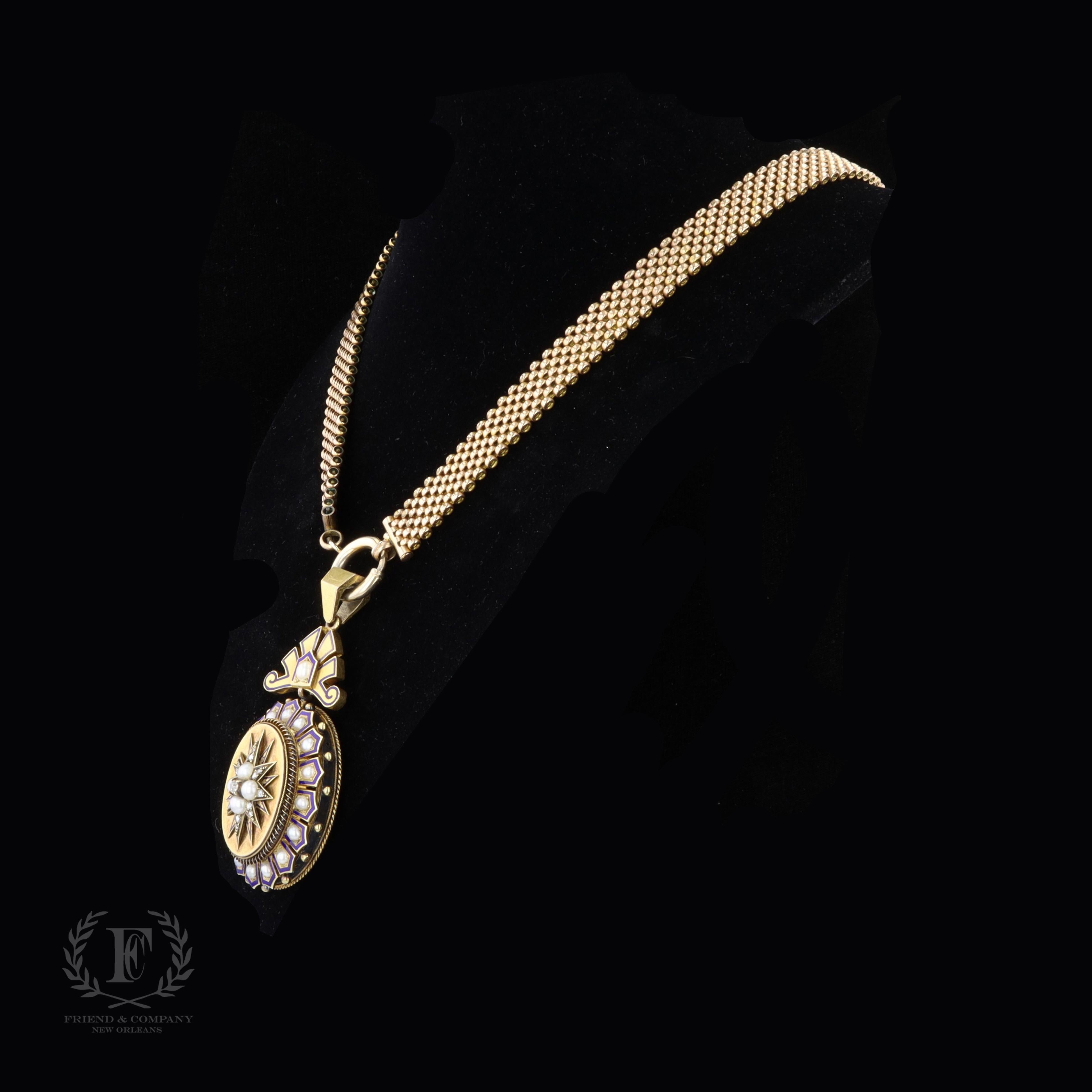 1940er Jahre Alte Mine und Rose Cut Diamant, Perle und Emaille Halskette (Art déco) im Angebot