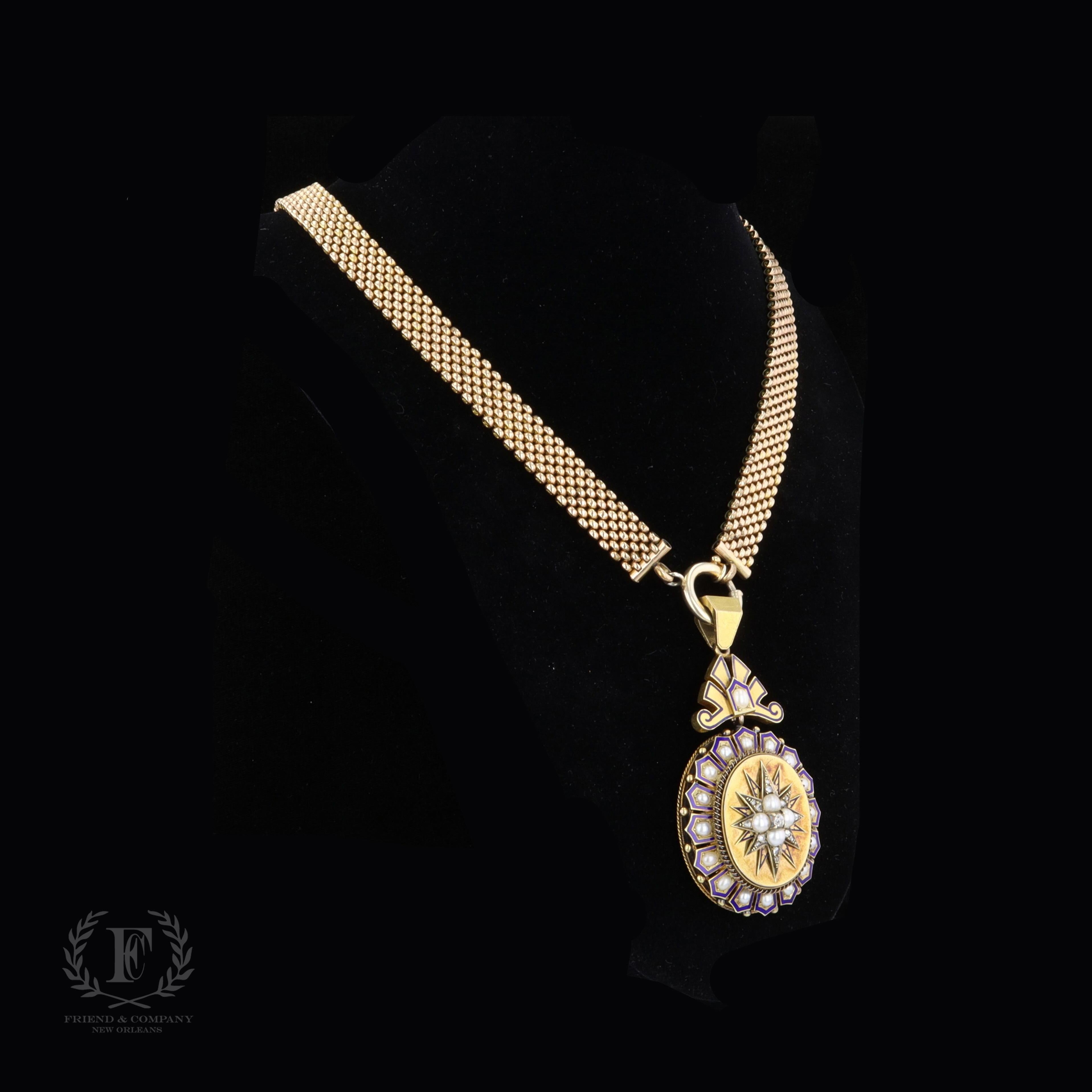 1940er Jahre Alte Mine und Rose Cut Diamant, Perle und Emaille Halskette (Rosenschliff) im Angebot