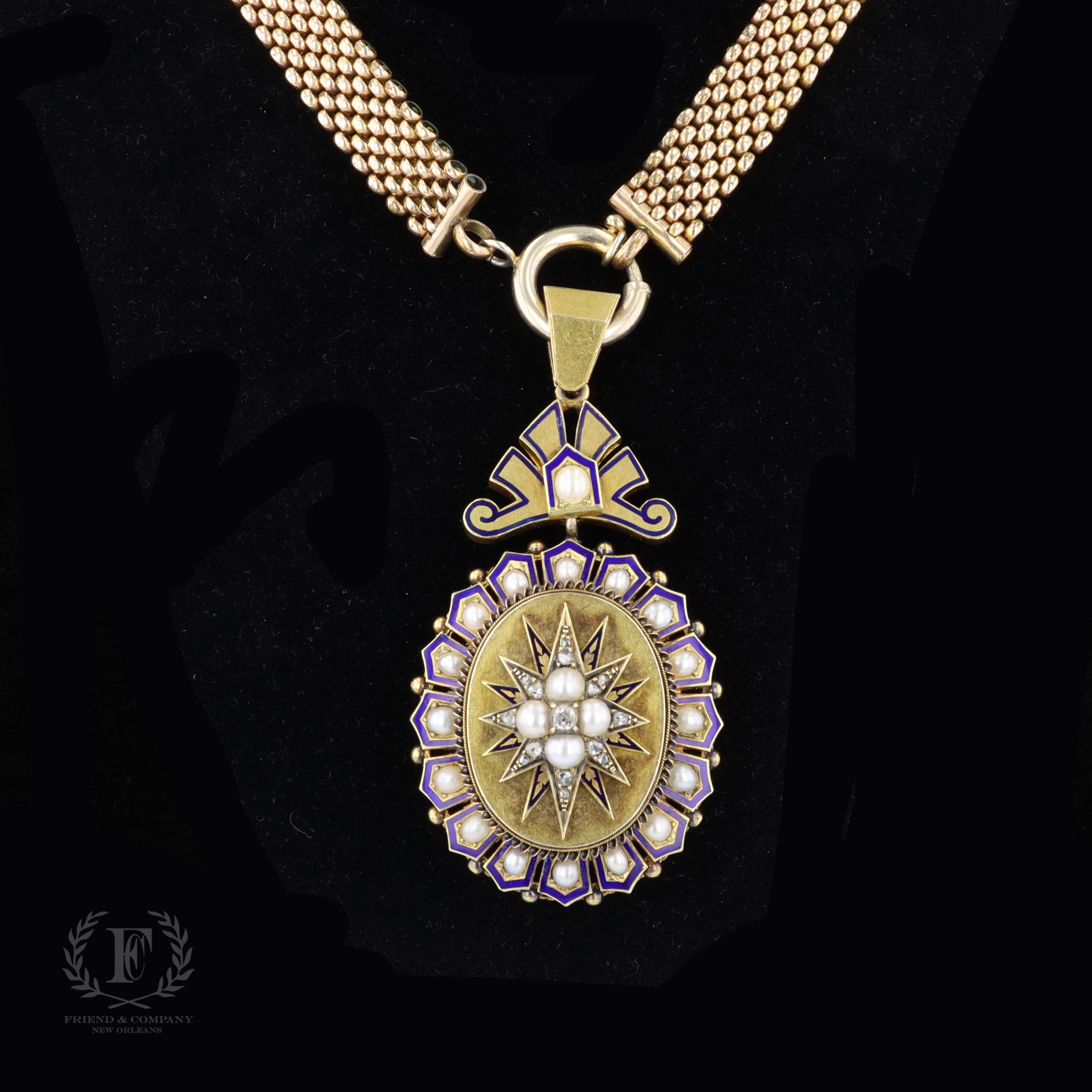 Women's 1940s Old Mine and Rose Cut Diamond, Pearl, and Enamel Necklace For Sale