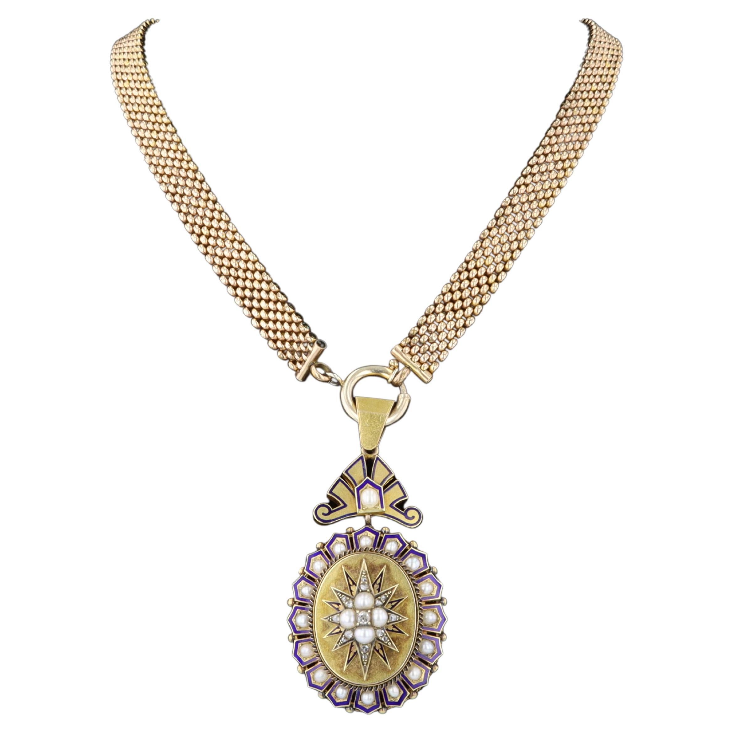 1940s Old Mine and Rose Cut Diamond, Pearl, and Enamel Necklace For Sale