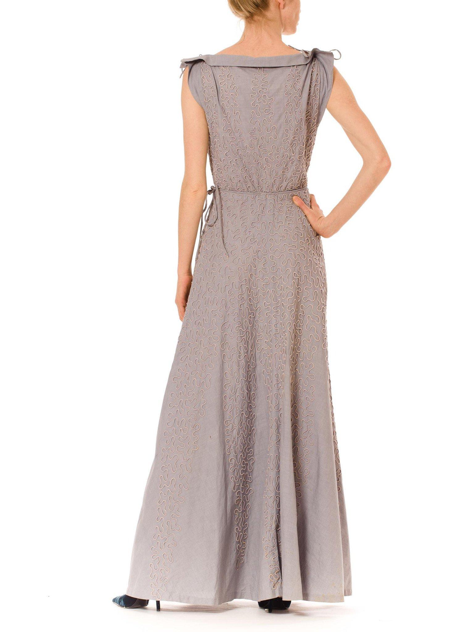 1940S OMAR KIAM Dove Grey Cotton Elaborately Embroidered Summer Gown With Shoulder & Waist Ties