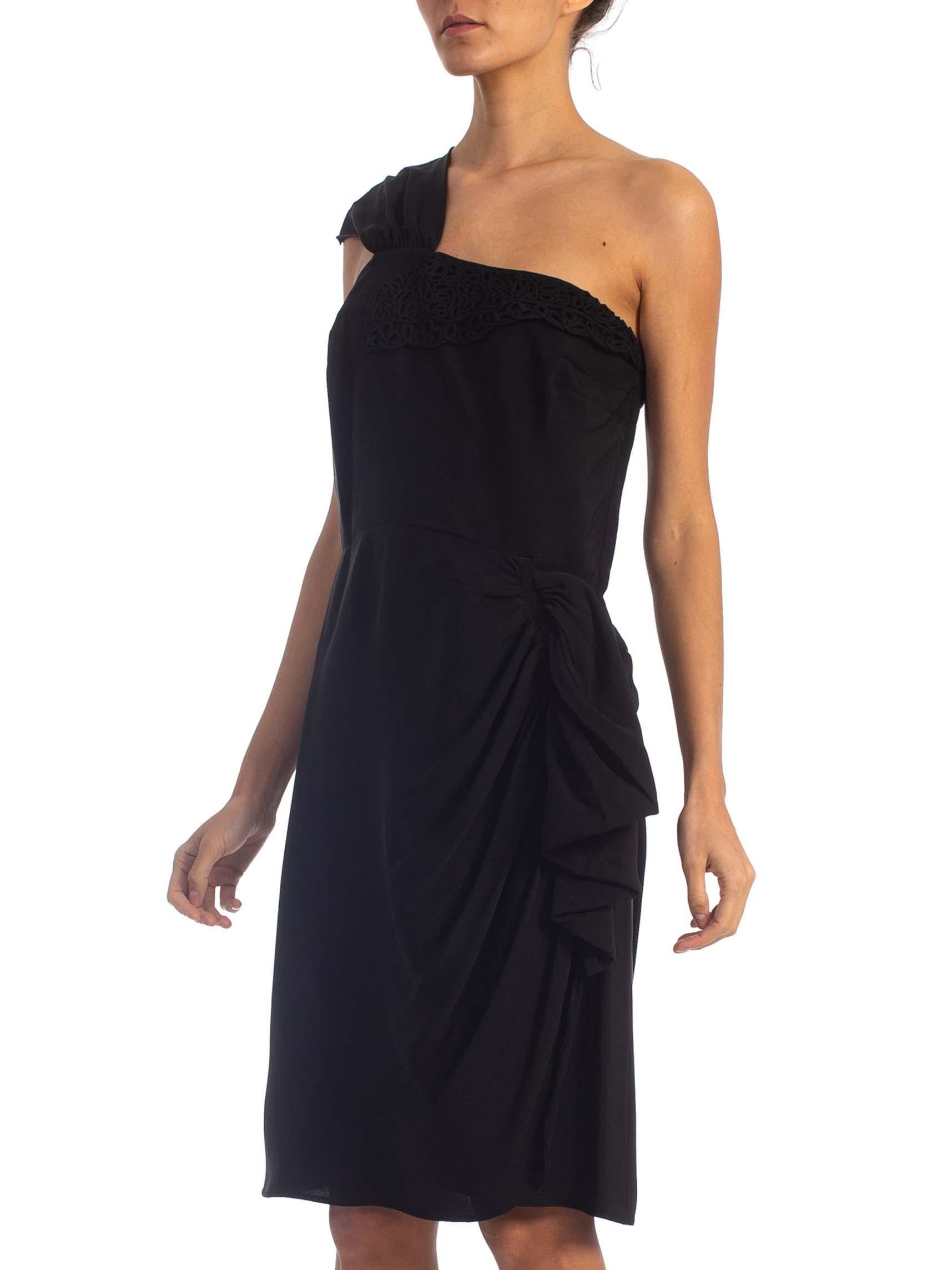 1940'S Black Rayon Crepe One Shoulder Draped Peplum Cocktail Dress In Excellent Condition For Sale In New York, NY
