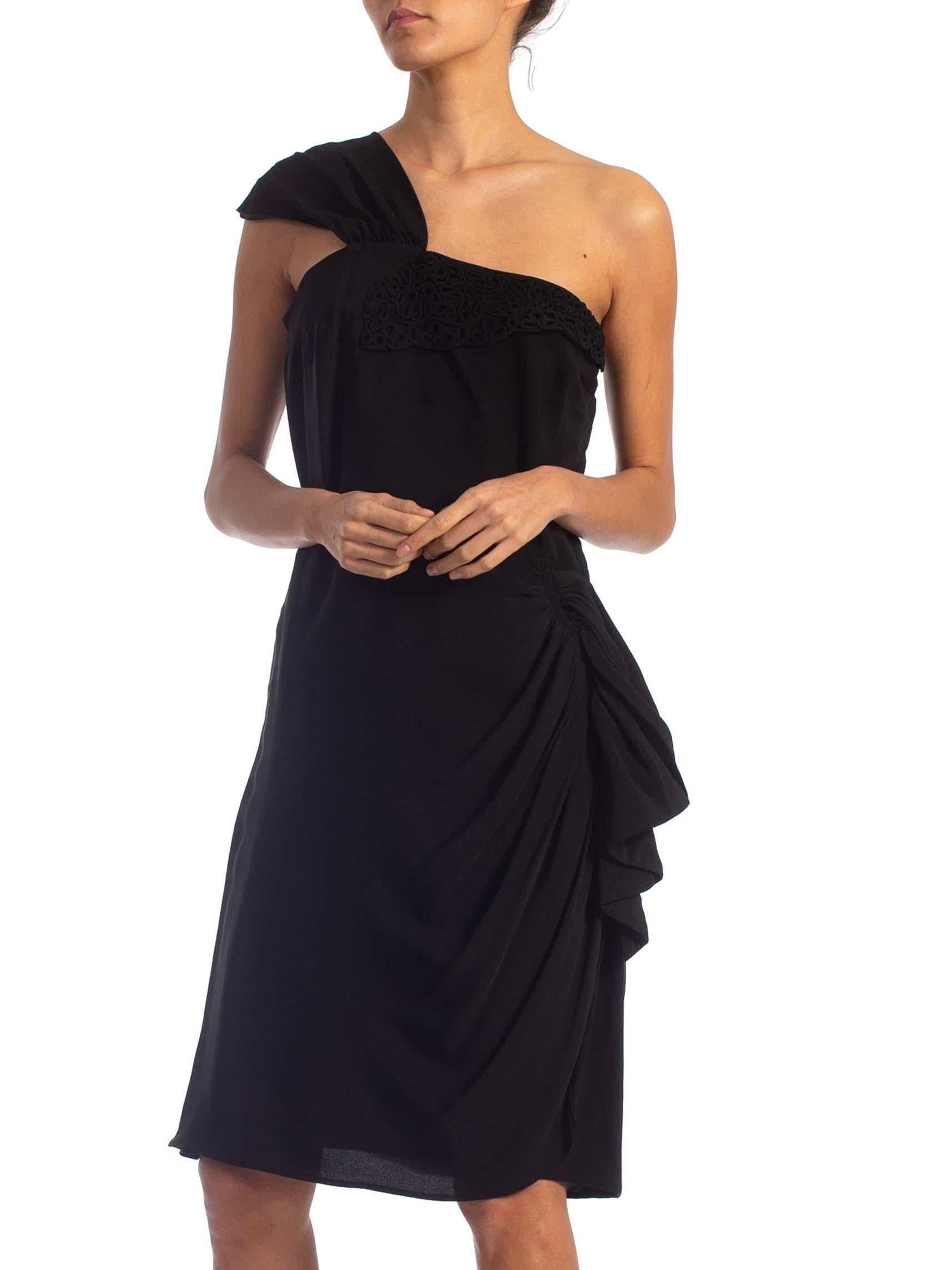 Women's 1940'S Black Rayon Crepe One Shoulder Draped Peplum Cocktail Dress For Sale