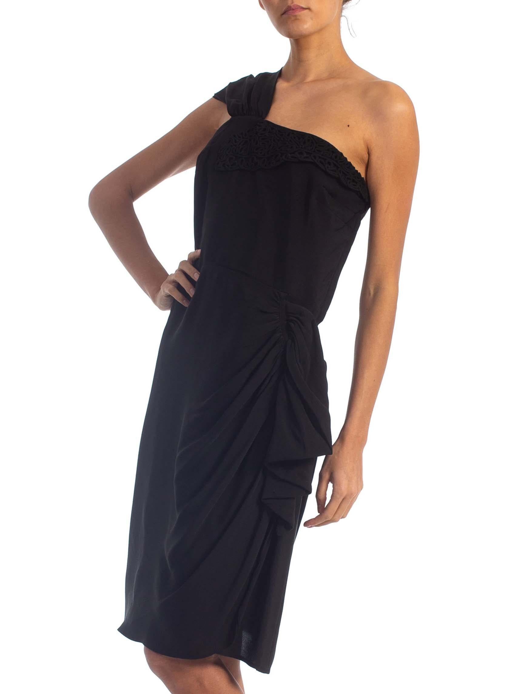 1940'S Black Rayon Crepe One Shoulder Draped Peplum Cocktail Dress For Sale 2