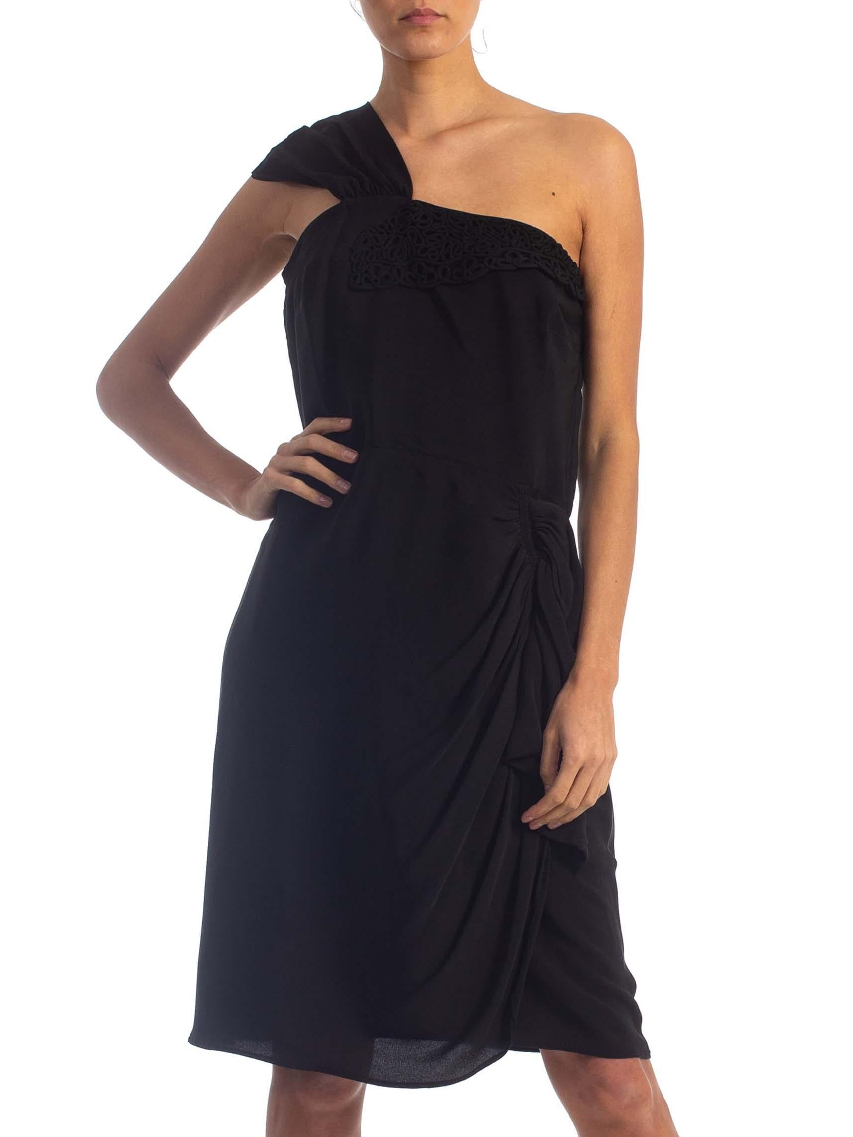 1940'S Black Rayon Crepe One Shoulder Draped Peplum Cocktail Dress For Sale 6