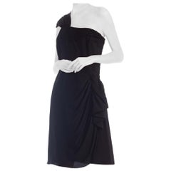 1940'S Black Rayon Crepe One Shoulder Draped Peplum Cocktail Dress