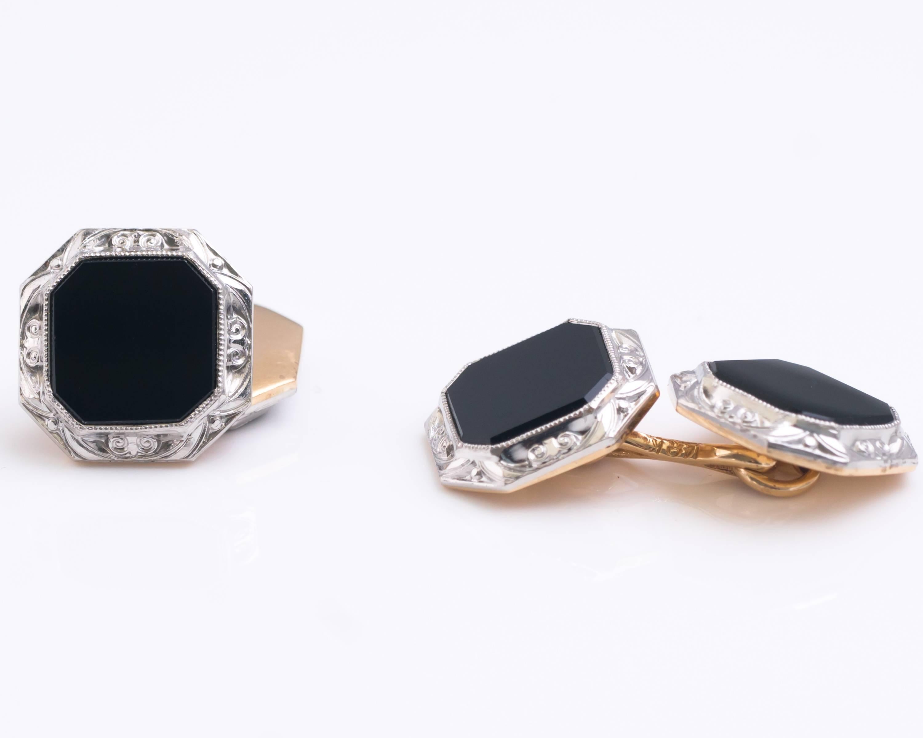 1940s Chain Link Cufflink and Stud Set - Platinum, 14 Carat Yellow Gold, Onyx 

Feature Onyx centers with hand engraved Platinum bezels and 14 Karat Yellow Gold backs. 
The Onyx center stones are bezel set. The bezel edge is embellished with a fine