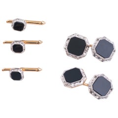 Retro 1940s Onyx Cufflink and Tuxedo Stud Set in Platinum and 14 Karat Yellow Gold