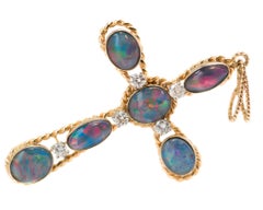1940s Opal, Diamond and 14 Karat Yellow Gold Cross Pendant