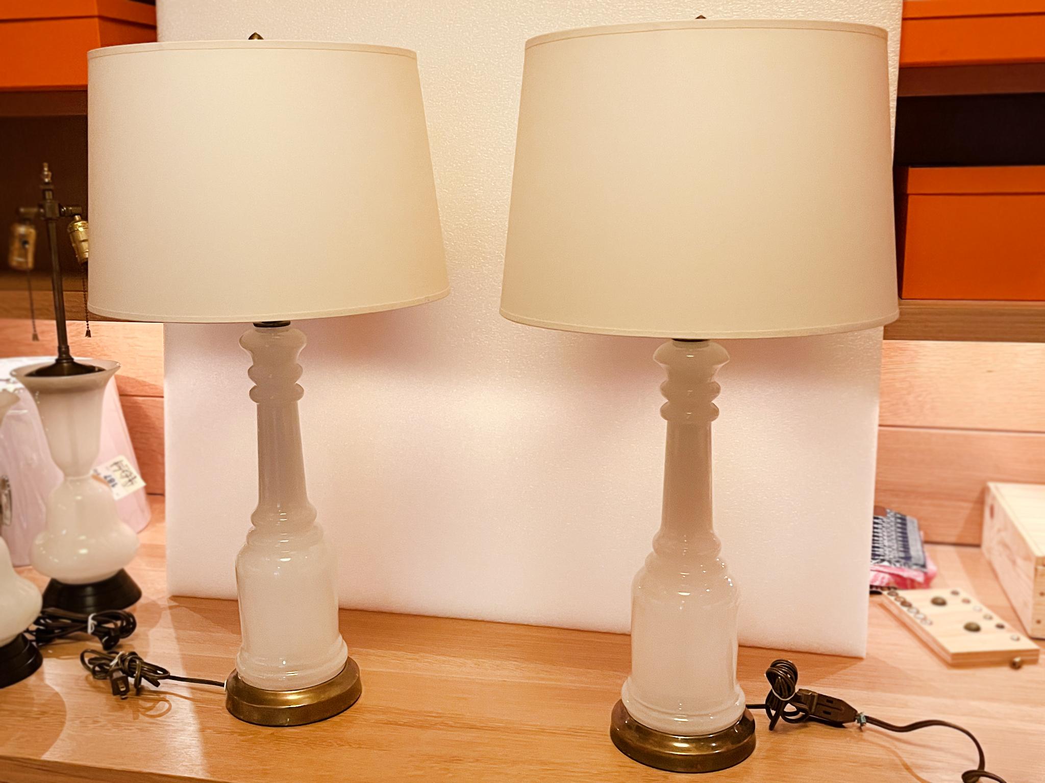 Mid-Century Modern 1940s Opalescent Glass Column Table Lamps - a Pair